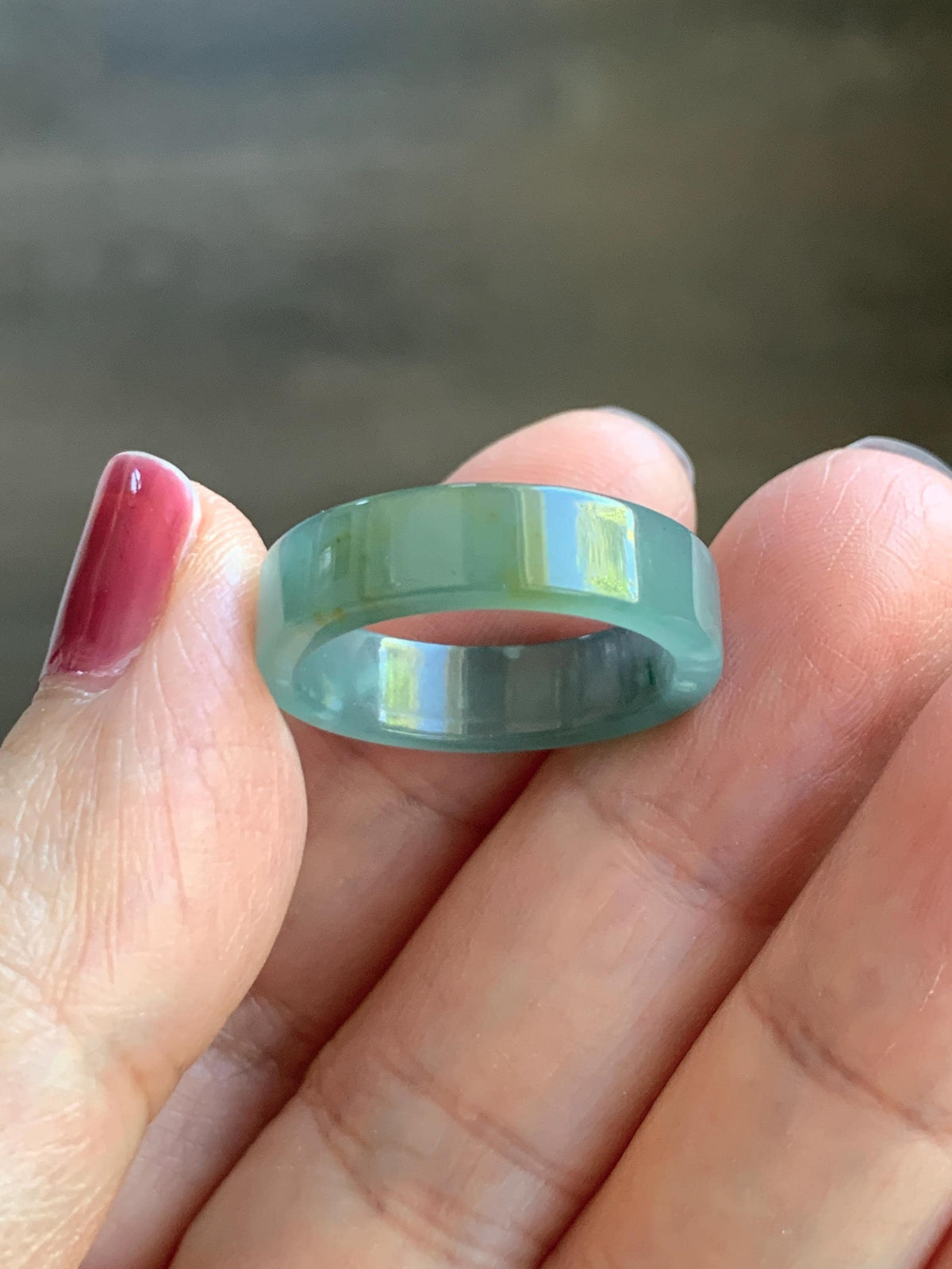 Natural Grade A Guatemalan Icy Translucent Dusty Teal Blue Yellow Marbled Jade Jadeite Square Edged Band Ring Size 8 US 天然冰危蓝黄翡翠角戒戒圈 WLH165A