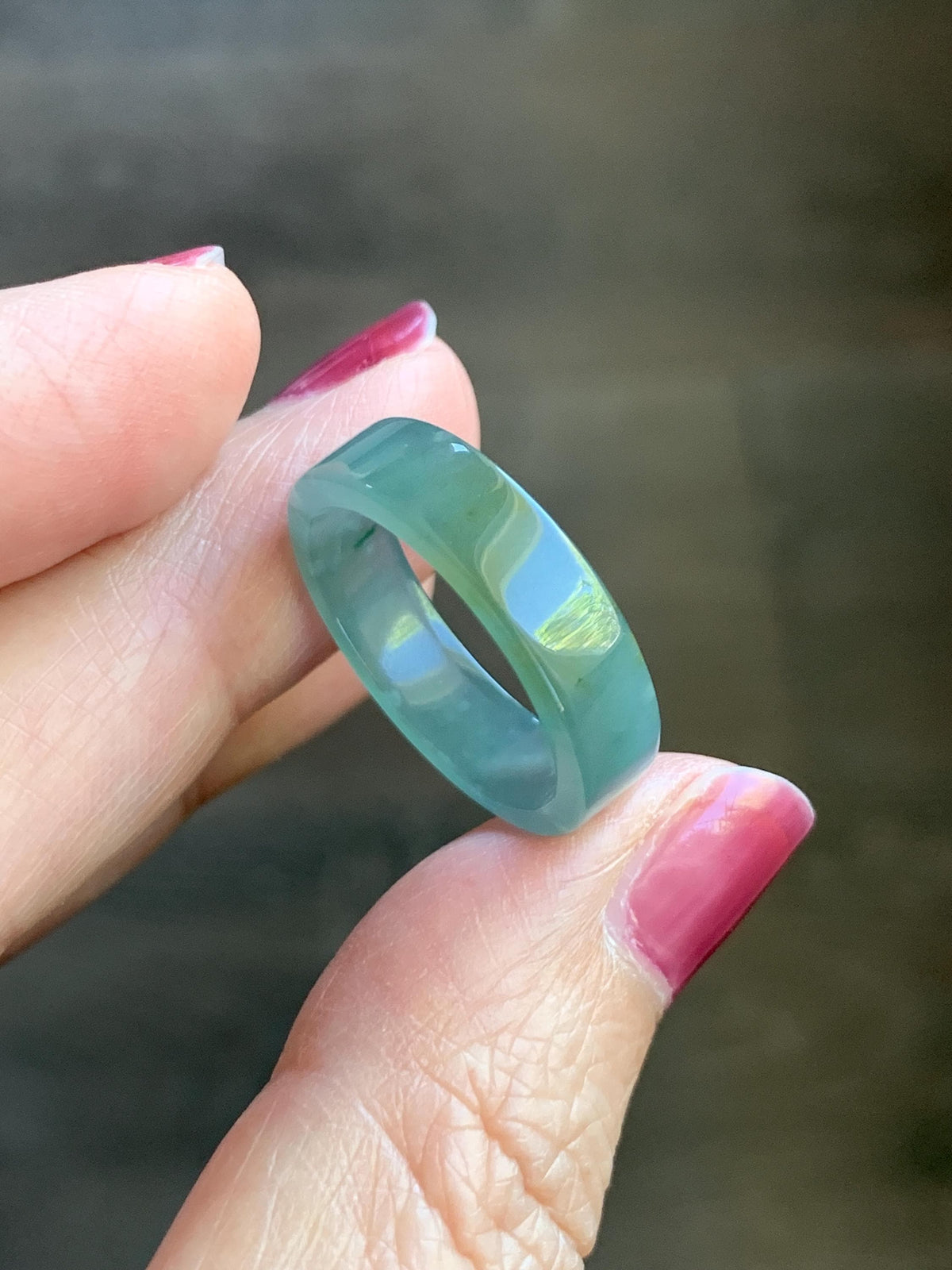 Natural Grade A Guatemalan Icy Translucent Dusty Teal Blue Yellow Marbled Jade Jadeite Square Edged Band Ring Size 8 US 天然冰危蓝黄翡翠角戒戒圈 WLH165A