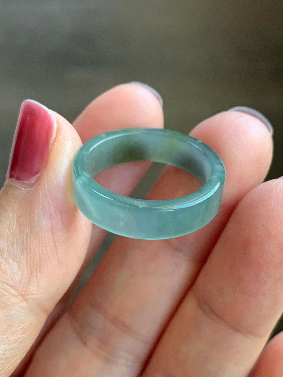 Natural Grade A Guatemalan Icy Translucent Dusty Teal Blue Yellow Marbled Jade Jadeite Square Edged Band Ring Size 8 US 天然冰危蓝黄翡翠角戒戒圈 WLH165A