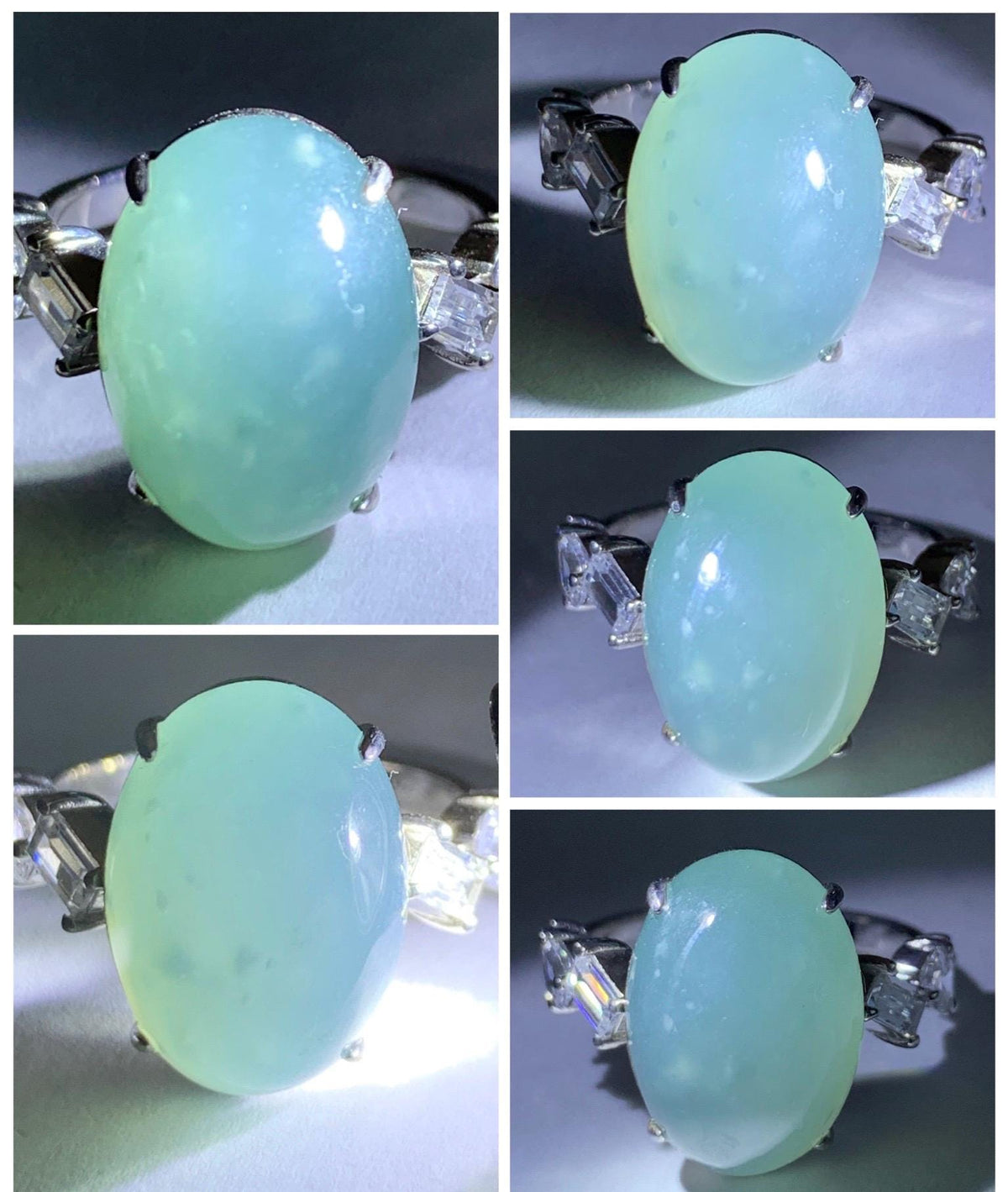 Certified Natural Guatemalan Icy Translucent Dusty Teal Blue Jade Jadeite Large Oval Ring Sterling Silver size 7.5 US 6.3g 天然冰胶危浅蓝翡翠镶嵌戒指1021