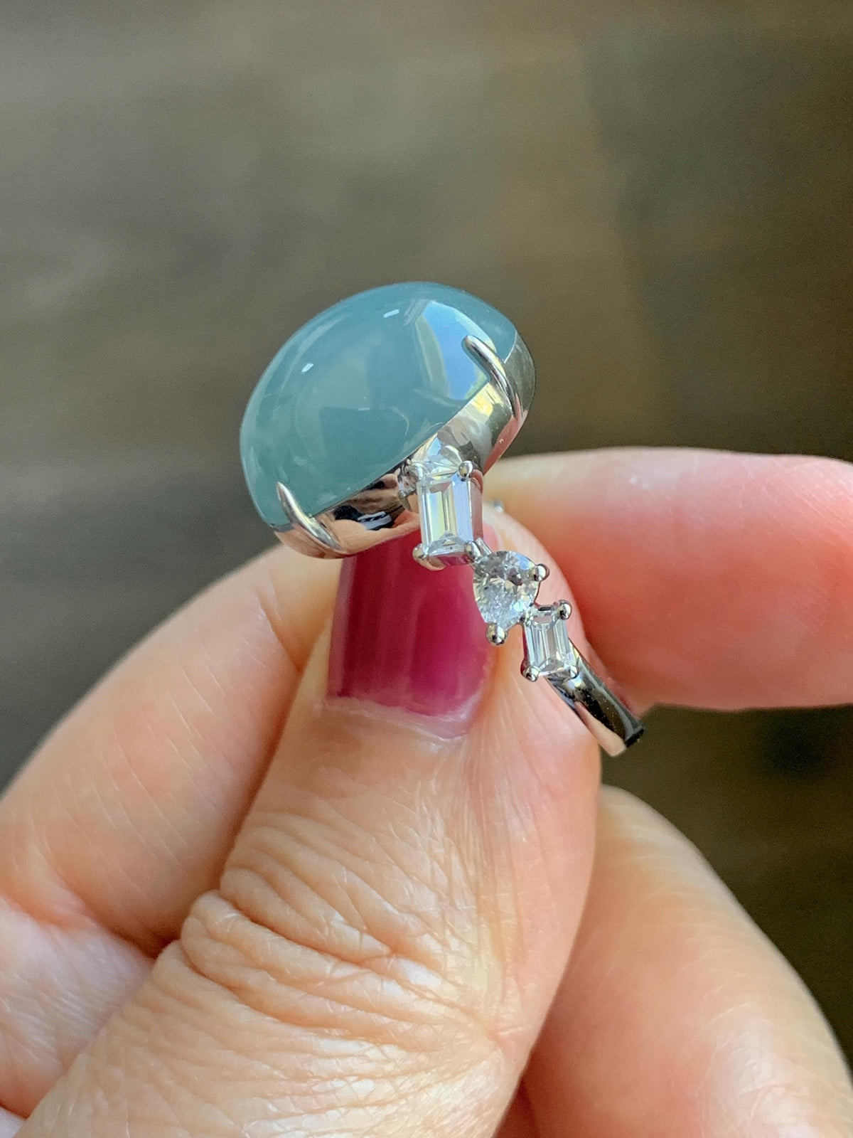 Certified Natural Guatemalan Icy Translucent Dusty Teal Blue Jade Jadeite Large Oval Ring Sterling Silver size 7.5 US 6.3g 天然冰胶危浅蓝翡翠镶嵌戒指1021