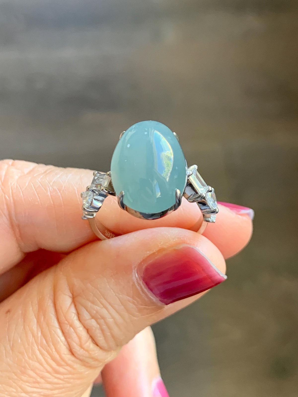 Certified Natural Guatemalan Icy Translucent Dusty Teal Blue Jade Jadeite Large Oval Ring Sterling Silver size 7.5 US 6.3g 天然冰胶危浅蓝翡翠镶嵌戒指1021