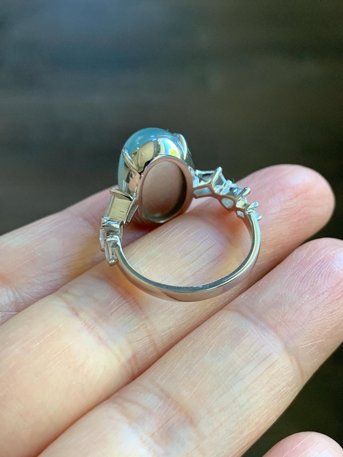 Certified Natural Guatemalan Icy Translucent Dusty Teal Blue Jade Jadeite Large Oval Ring Sterling Silver size 7.5 US 6.3g 天然冰胶危浅蓝翡翠镶嵌戒指1021