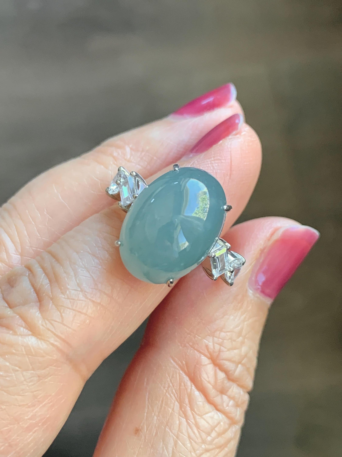Certified Natural Guatemalan Icy Translucent Dusty Teal Blue Jade Jadeite Large Oval Ring Sterling Silver size 7.5 US 6.3g 天然冰胶危浅蓝翡翠镶嵌戒指1021