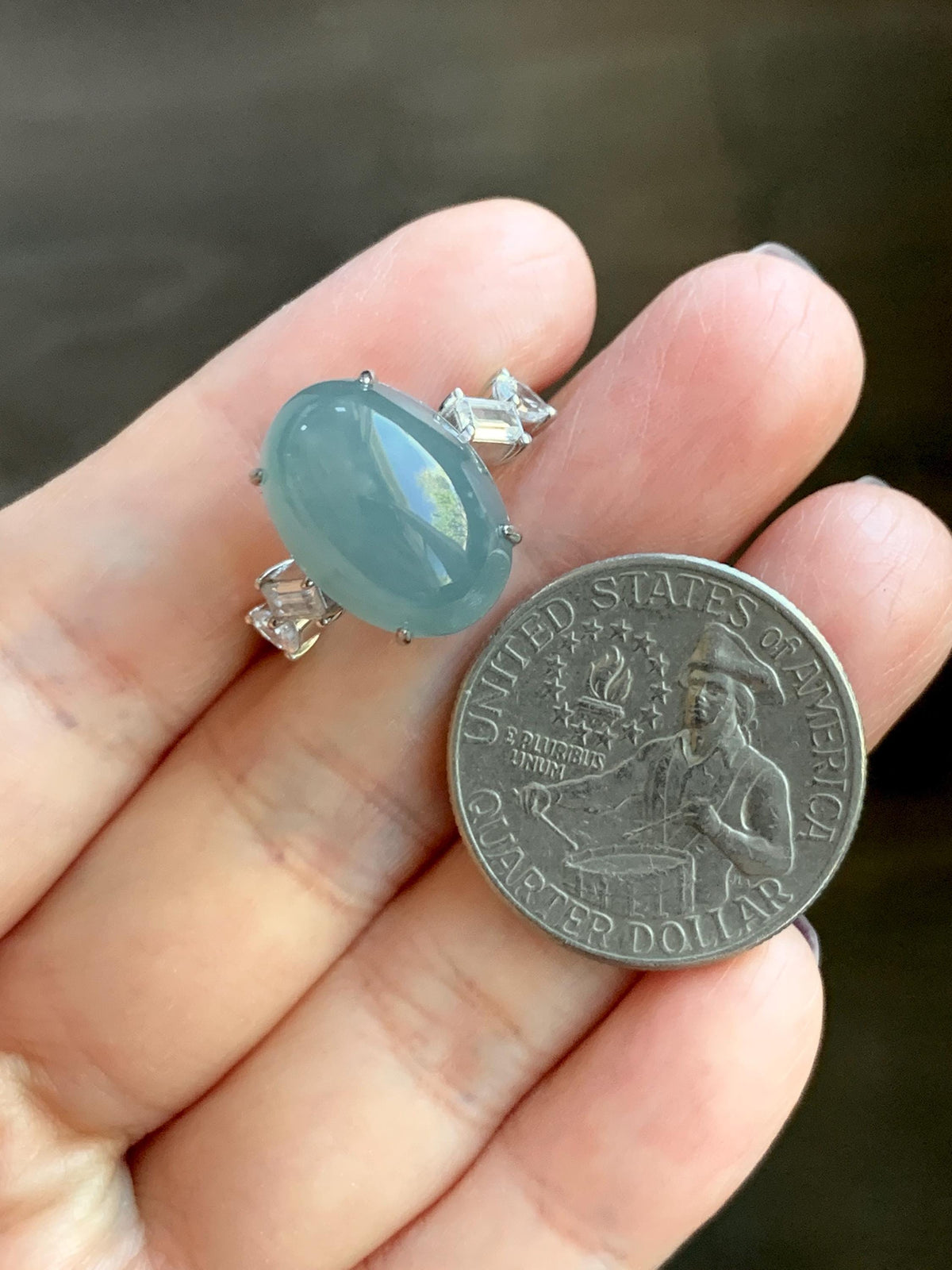 Certified Natural Guatemalan Icy Translucent Dusty Teal Blue Jade Jadeite Large Oval Ring Sterling Silver size 7.5 US 6.3g 天然冰胶危浅蓝翡翠镶嵌戒指1021