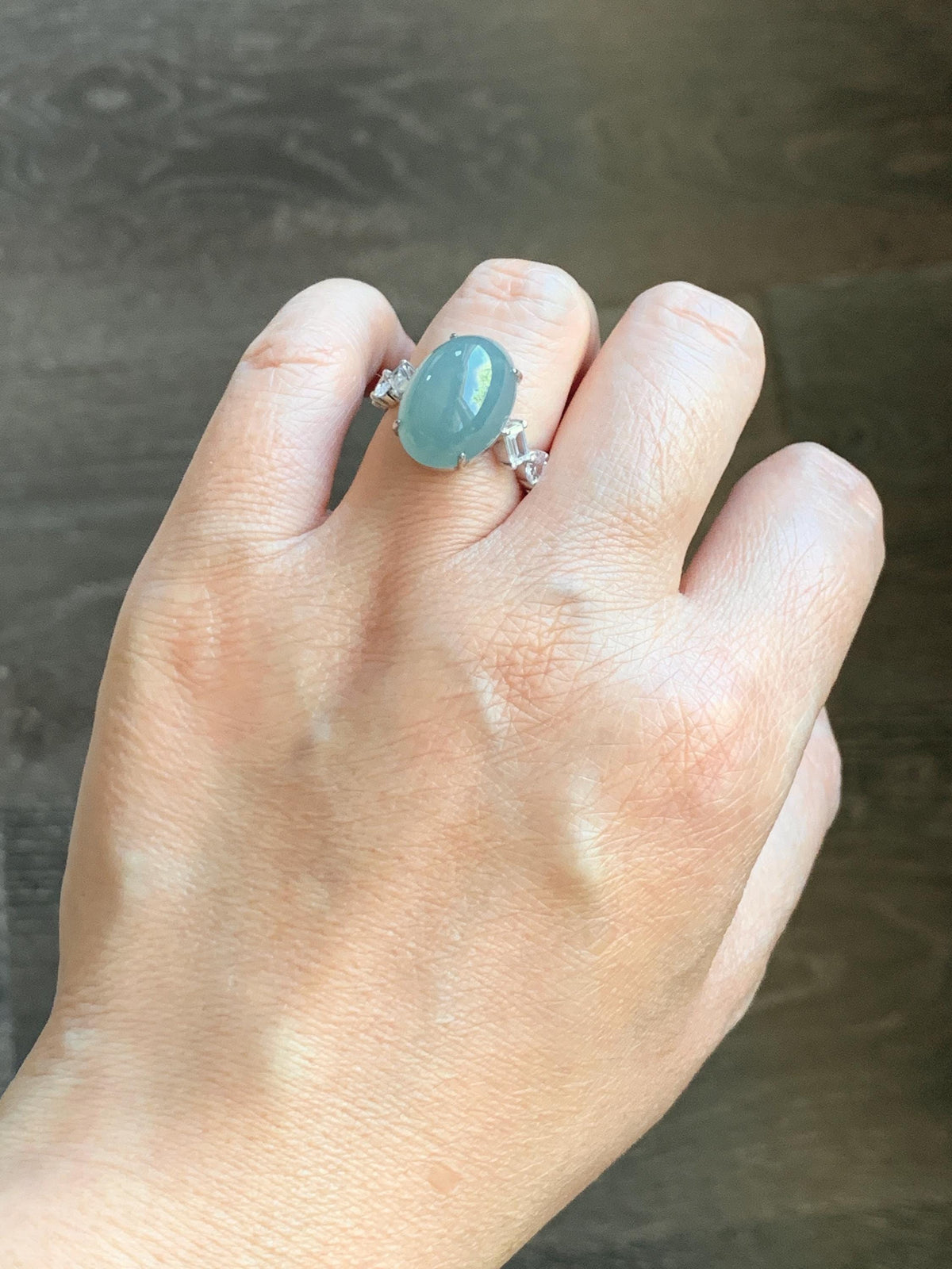 Certified Natural Guatemalan Icy Translucent Dusty Teal Blue Jade Jadeite Large Oval Ring Sterling Silver size 7.5 US 6.3g 天然冰胶危浅蓝翡翠镶嵌戒指1021