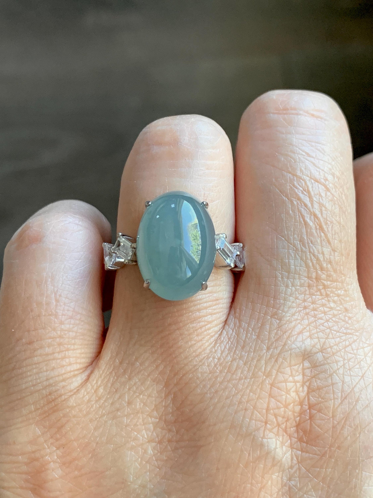 Certified Natural Guatemalan Icy Translucent Dusty Teal Blue Jade Jadeite Large Oval Ring Sterling Silver size 7.5 US 6.3g 天然冰胶危浅蓝翡翠镶嵌戒指1021