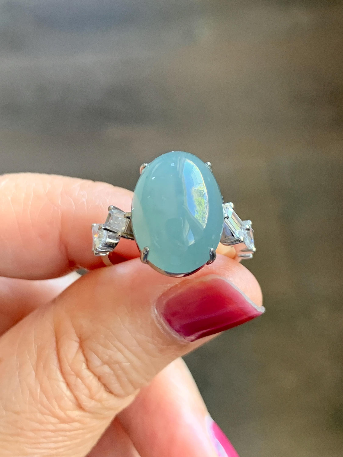 Certified Natural Guatemalan Icy Translucent Dusty Teal Blue Jade Jadeite Large Oval Ring Sterling Silver size 7.5 US 6.3g 天然冰胶危浅蓝翡翠镶嵌戒指1021