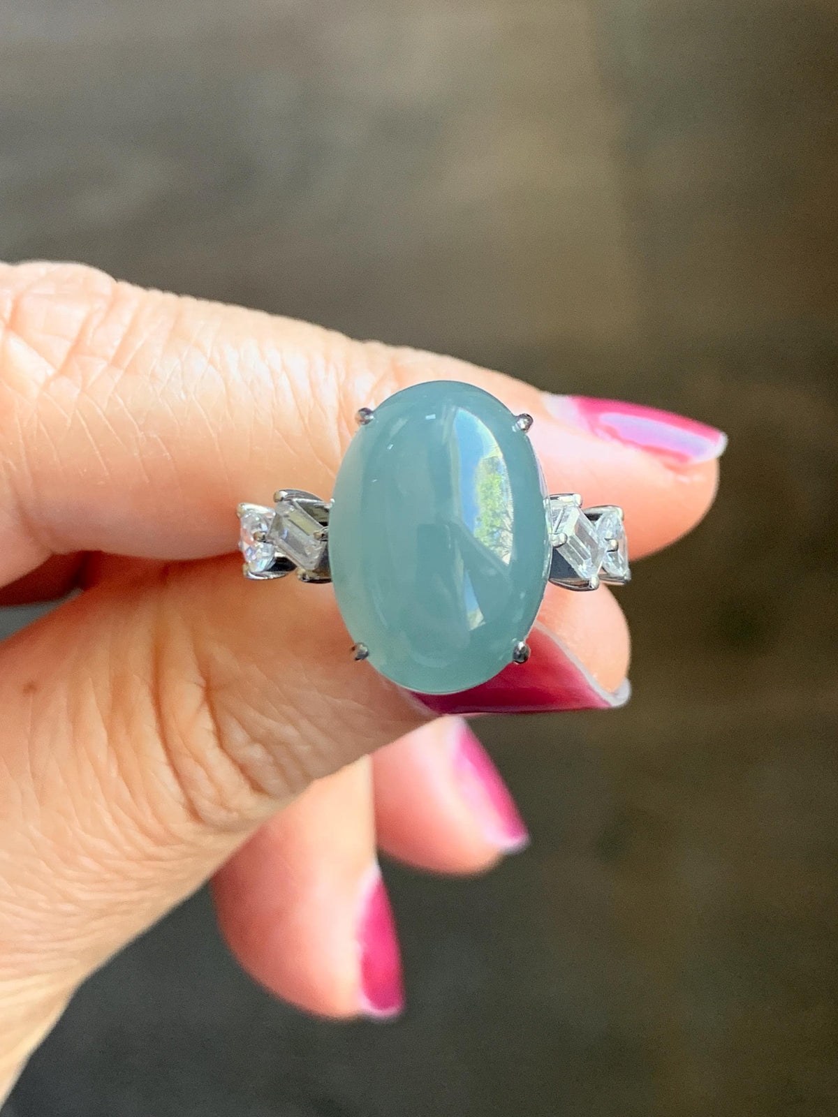 Certified Natural Guatemalan Icy Translucent Dusty Teal Blue Jade Jadeite Large Oval Ring Sterling Silver size 7.5 US 6.3g 天然冰胶危浅蓝翡翠镶嵌戒指1021