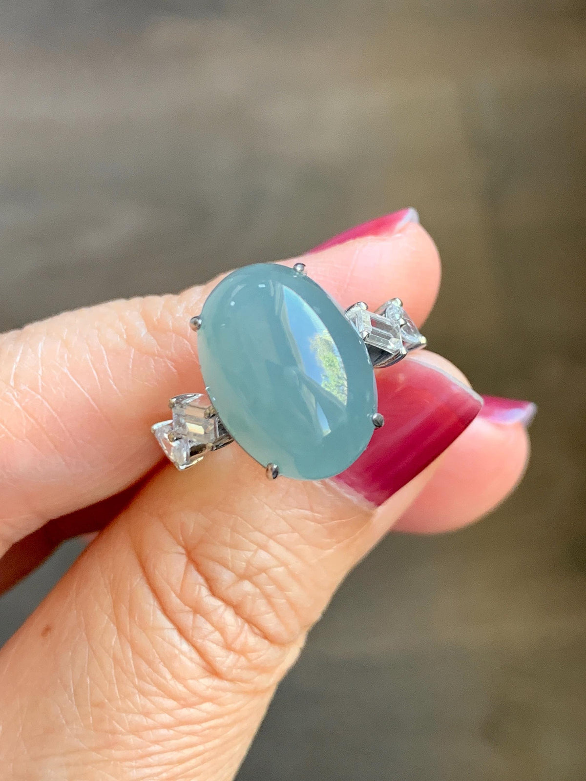 Certified Natural Guatemalan Icy Translucent Dusty Teal Blue Jade Jadeite Large Oval Ring Sterling Silver size 7.5 US 6.3g 天然冰胶危浅蓝翡翠镶嵌戒指1021