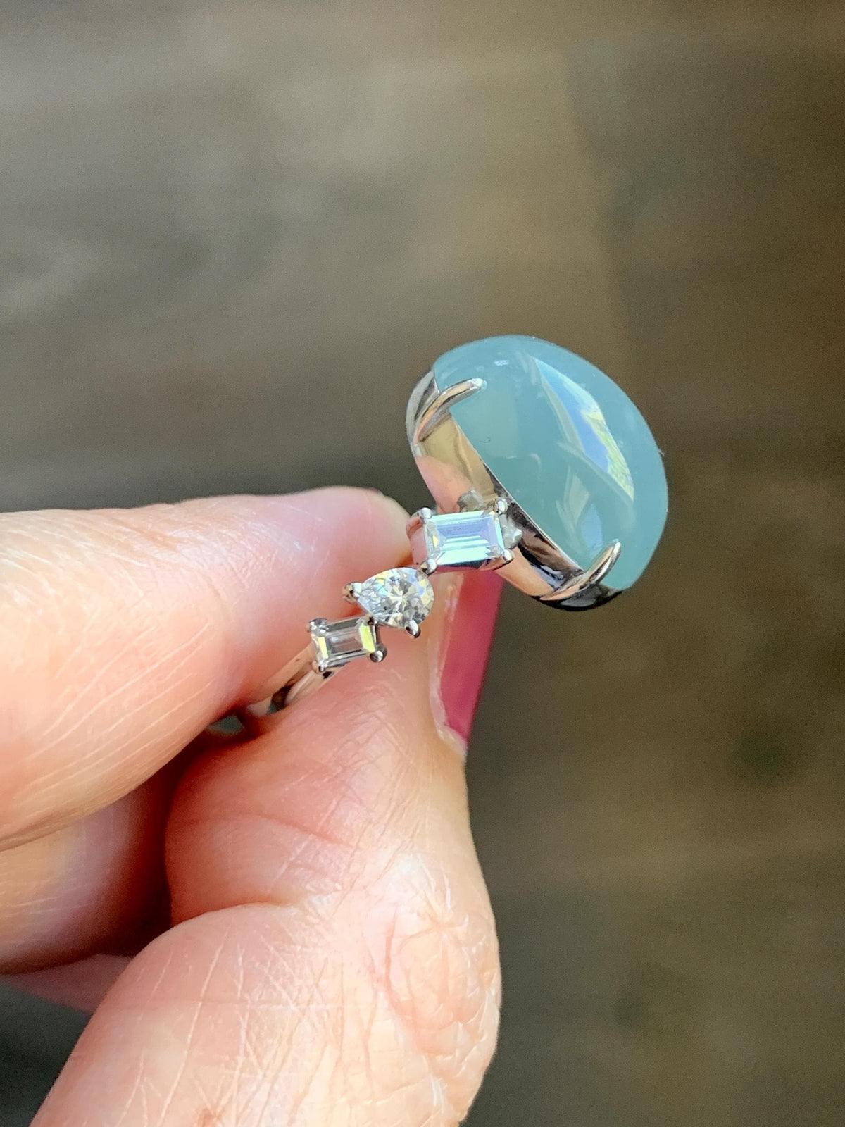 Certified Natural Guatemalan Icy Translucent Dusty Teal Blue Jade Jadeite Large Oval Ring Sterling Silver size 7.5 US 6.3g 天然冰胶危浅蓝翡翠镶嵌戒指1021