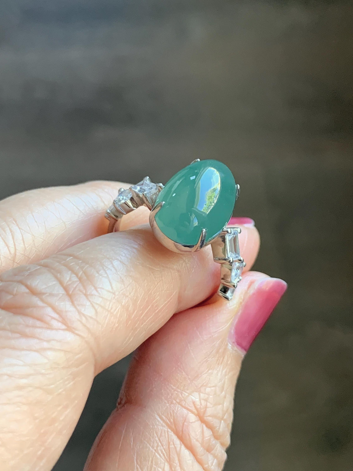 Certified Natural Guatemalan Icy Translucent Dark Teal Green Jade Jadeite Large Oval Ring Sterling Silver size 7.25 US 5.2g 天然冰胶危蓝绿翡翠戒指 1030