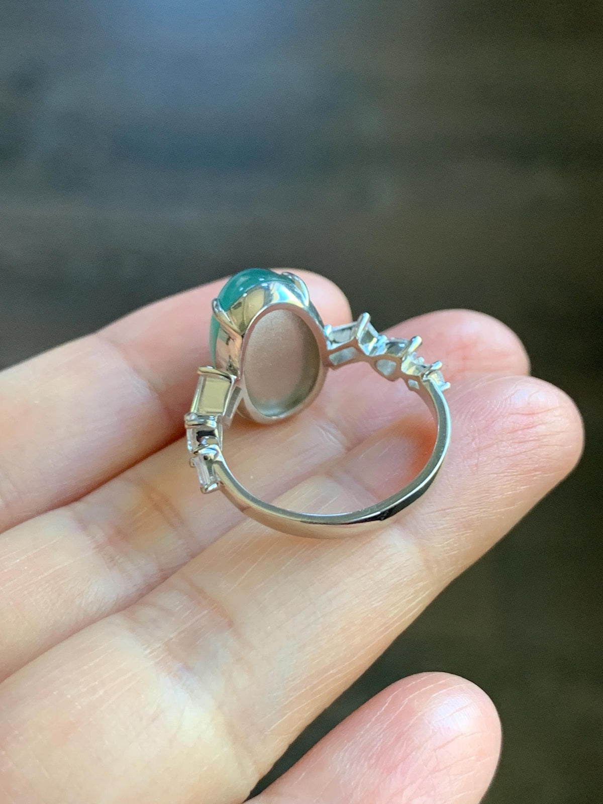 Certified Natural Guatemalan Icy Translucent Dark Teal Green Jade Jadeite Large Oval Ring Sterling Silver size 7.25 US 5.2g 天然冰胶危蓝绿翡翠戒指 1030