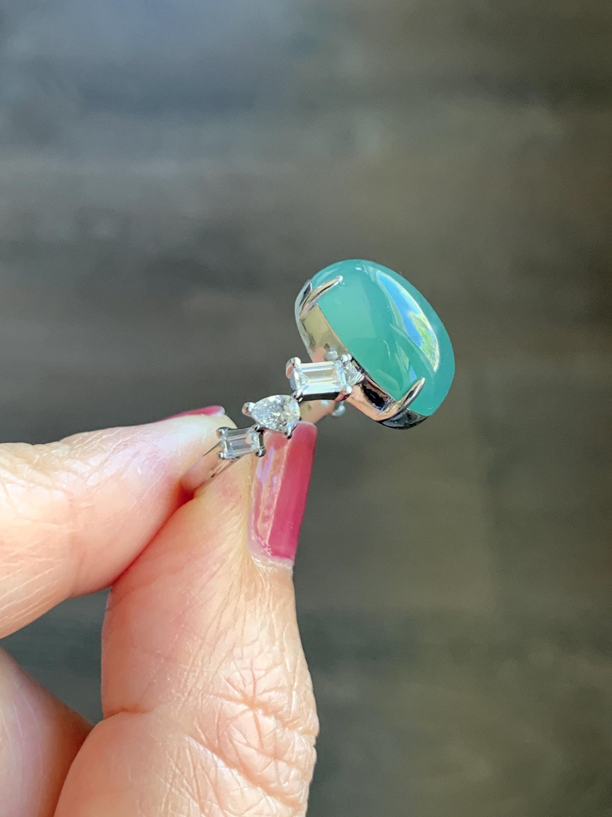 Certified Natural Guatemalan Icy Translucent Dark Teal Green Jade Jadeite Large Oval Ring Sterling Silver size 7.25 US 5.2g 天然冰胶危蓝绿翡翠戒指 1030