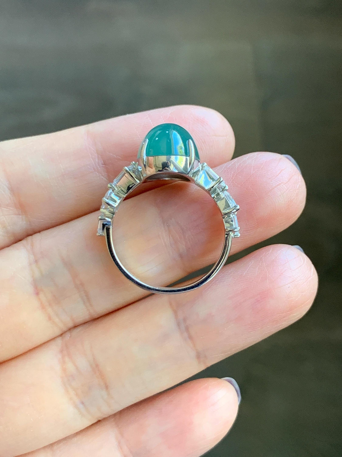 Certified Natural Guatemalan Icy Translucent Dark Teal Green Jade Jadeite Large Oval Ring Sterling Silver size 7.25 US 5.2g 天然冰胶危蓝绿翡翠戒指 1030