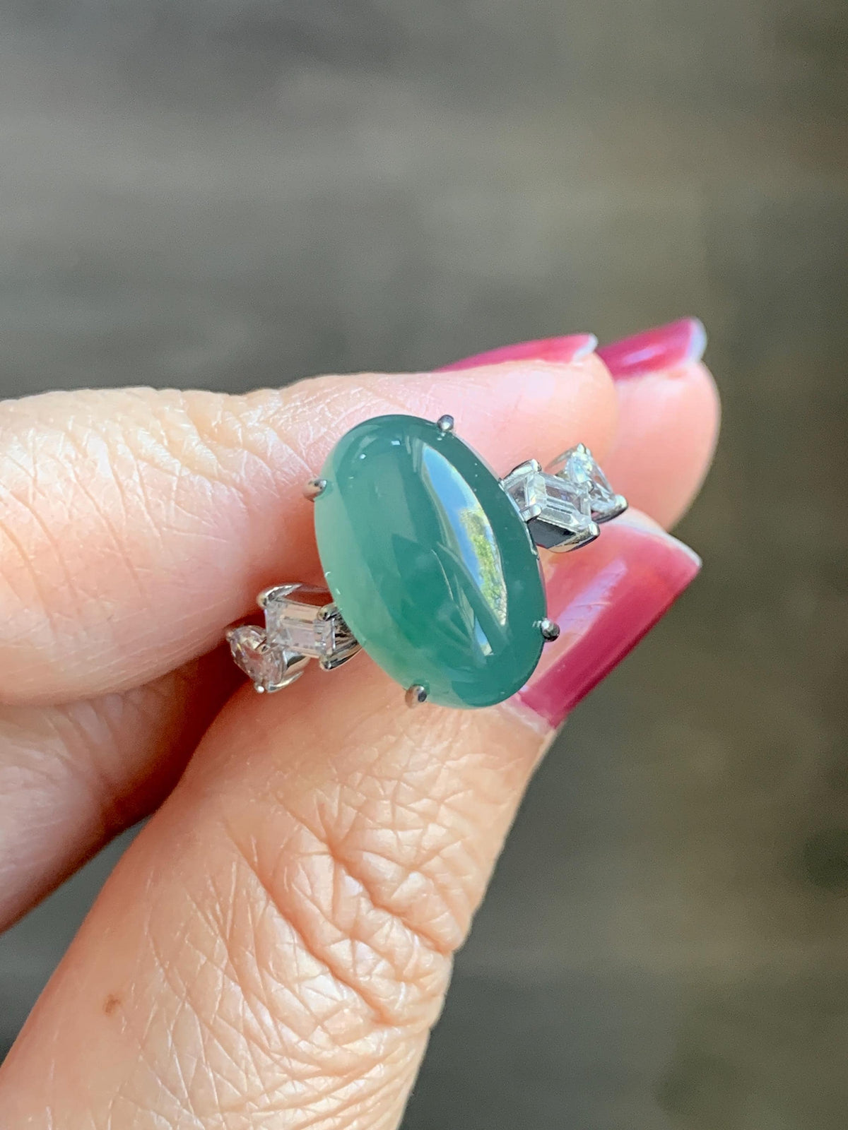 Certified Natural Guatemalan Icy Translucent Dark Teal Green Jade Jadeite Large Oval Ring Sterling Silver size 7.25 US 5.2g 天然冰胶危蓝绿翡翠戒指 1030