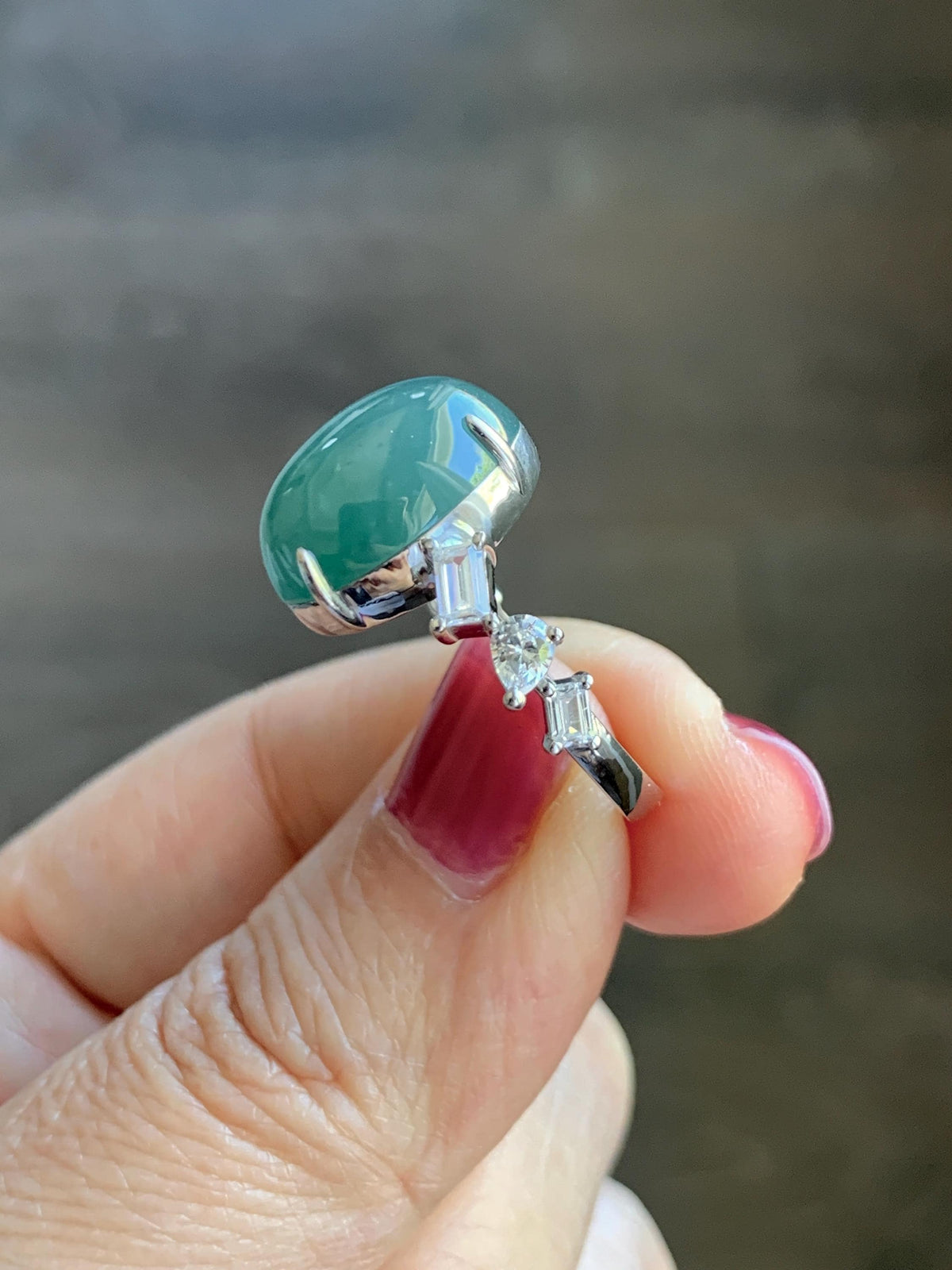Certified Natural Guatemalan Icy Translucent Dark Teal Green Jade Jadeite Large Oval Ring Sterling Silver size 7.25 US 5.2g 天然冰胶危蓝绿翡翠戒指 1030
