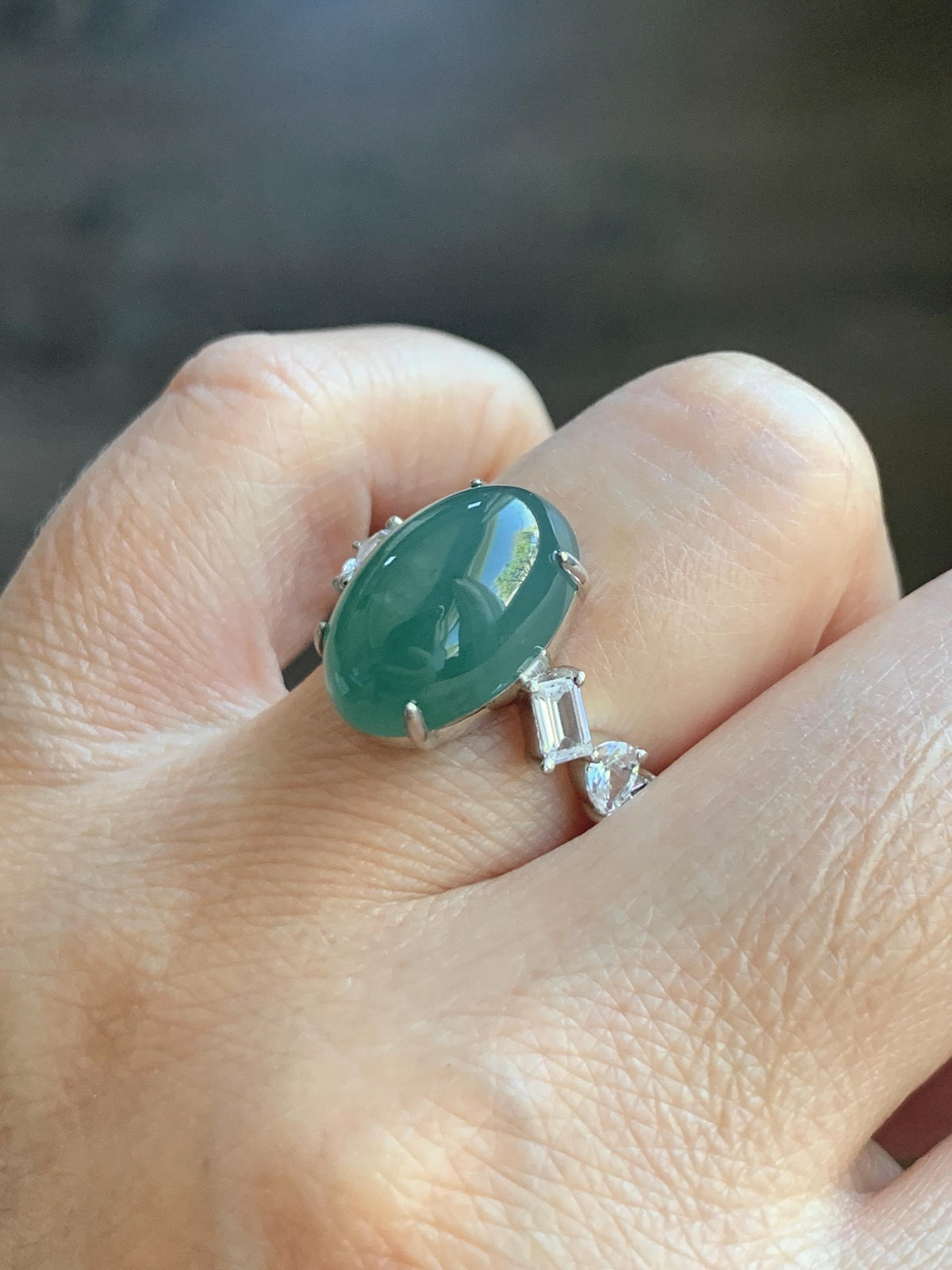 Certified Natural Guatemalan Icy Translucent Dark Teal Green Jade Jadeite Large Oval Ring Sterling Silver size 7.25 US 5.2g 天然冰胶危蓝绿翡翠戒指 1030