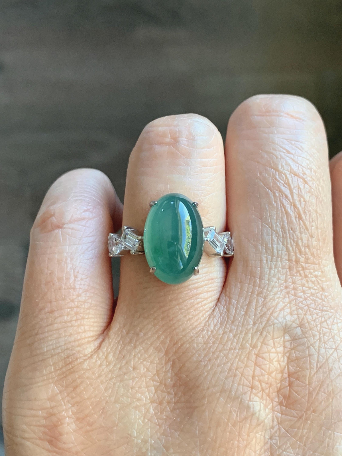 Certified Natural Guatemalan Icy Translucent Dark Teal Green Jade Jadeite Large Oval Ring Sterling Silver size 7.25 US 5.2g 天然冰胶危蓝绿翡翠戒指 1030
