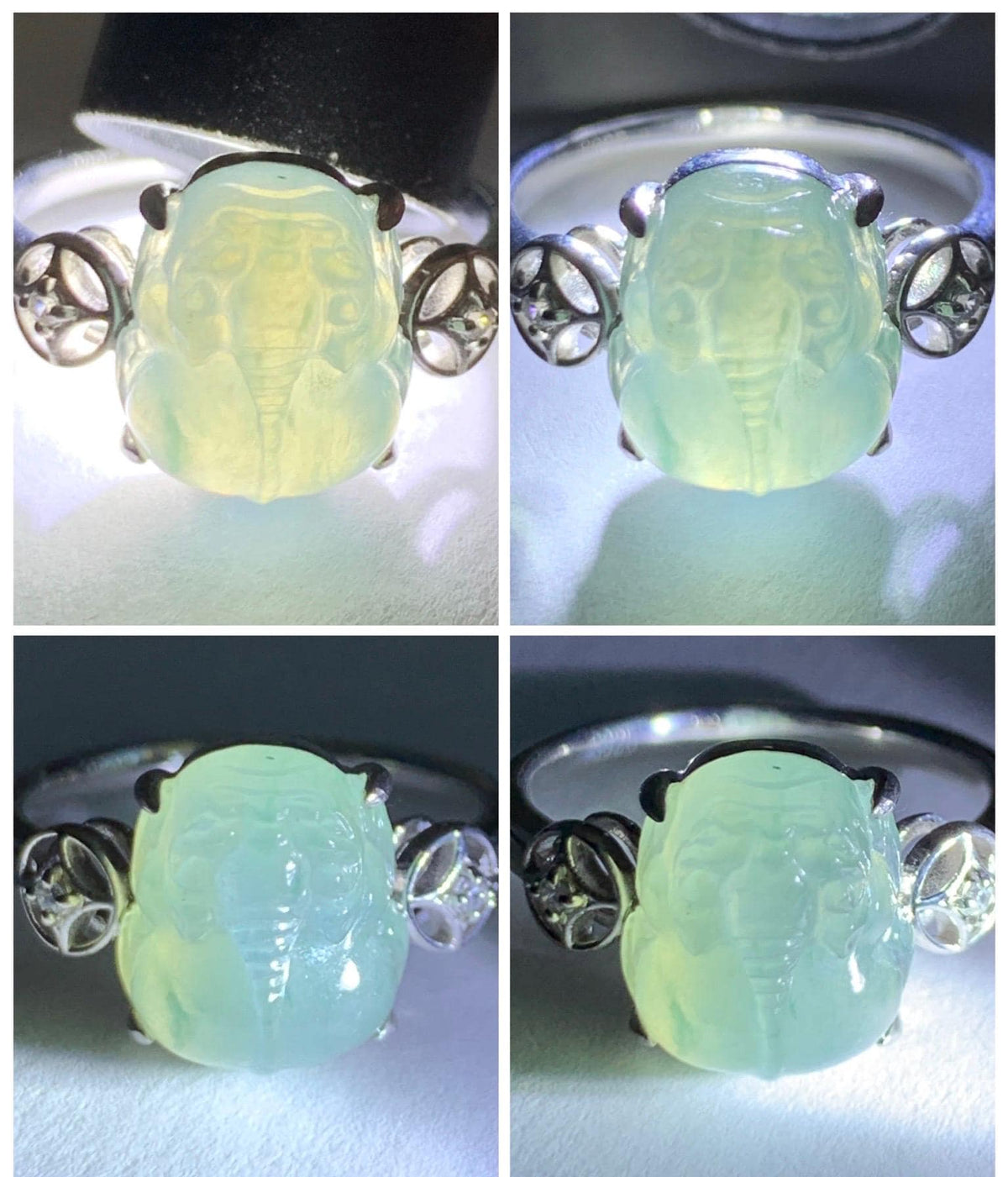 Certified Natural Grade A Icy Translucent Pale Green Marbled Jade Jadeite Pixiu Ring Sterling Silver size 7.25 US 4.15g 天然冰胶晴底飘花翡翠貔貅银镶戒指1033