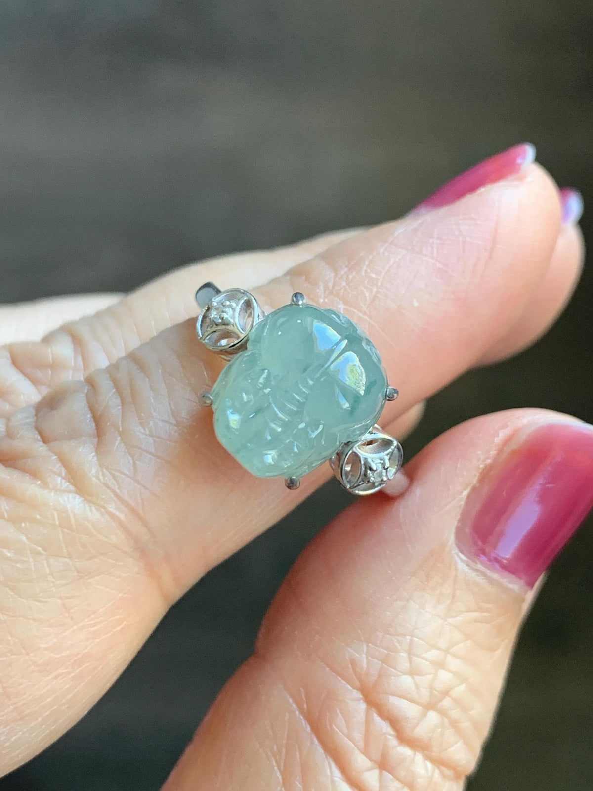 Certified Natural Grade A Icy Translucent Pale Green Marbled Jade Jadeite Pixiu Ring Sterling Silver size 7.25 US 4.15g 天然冰胶晴底飘花翡翠貔貅银镶戒指1033