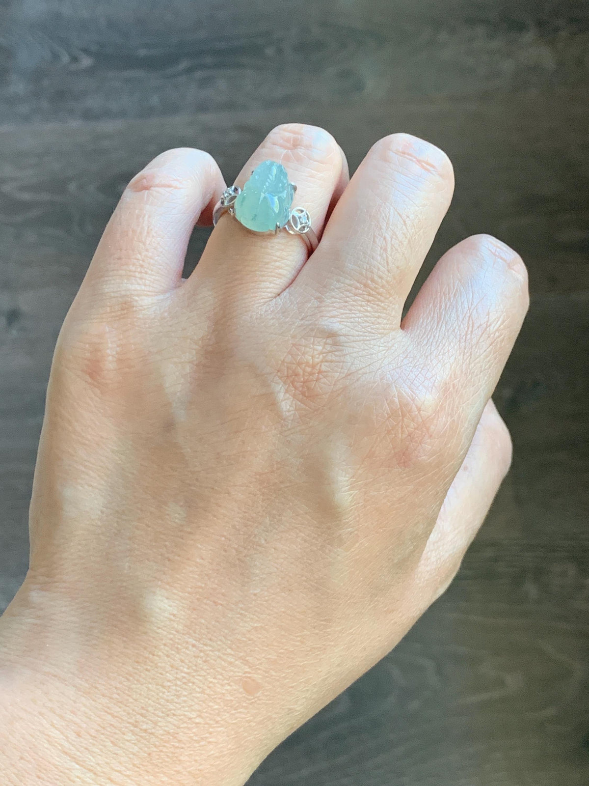 Certified Natural Grade A Icy Translucent Pale Green Marbled Jade Jadeite Pixiu Ring Sterling Silver size 7.25 US 4.15g 天然冰胶晴底飘花翡翠貔貅银镶戒指1033