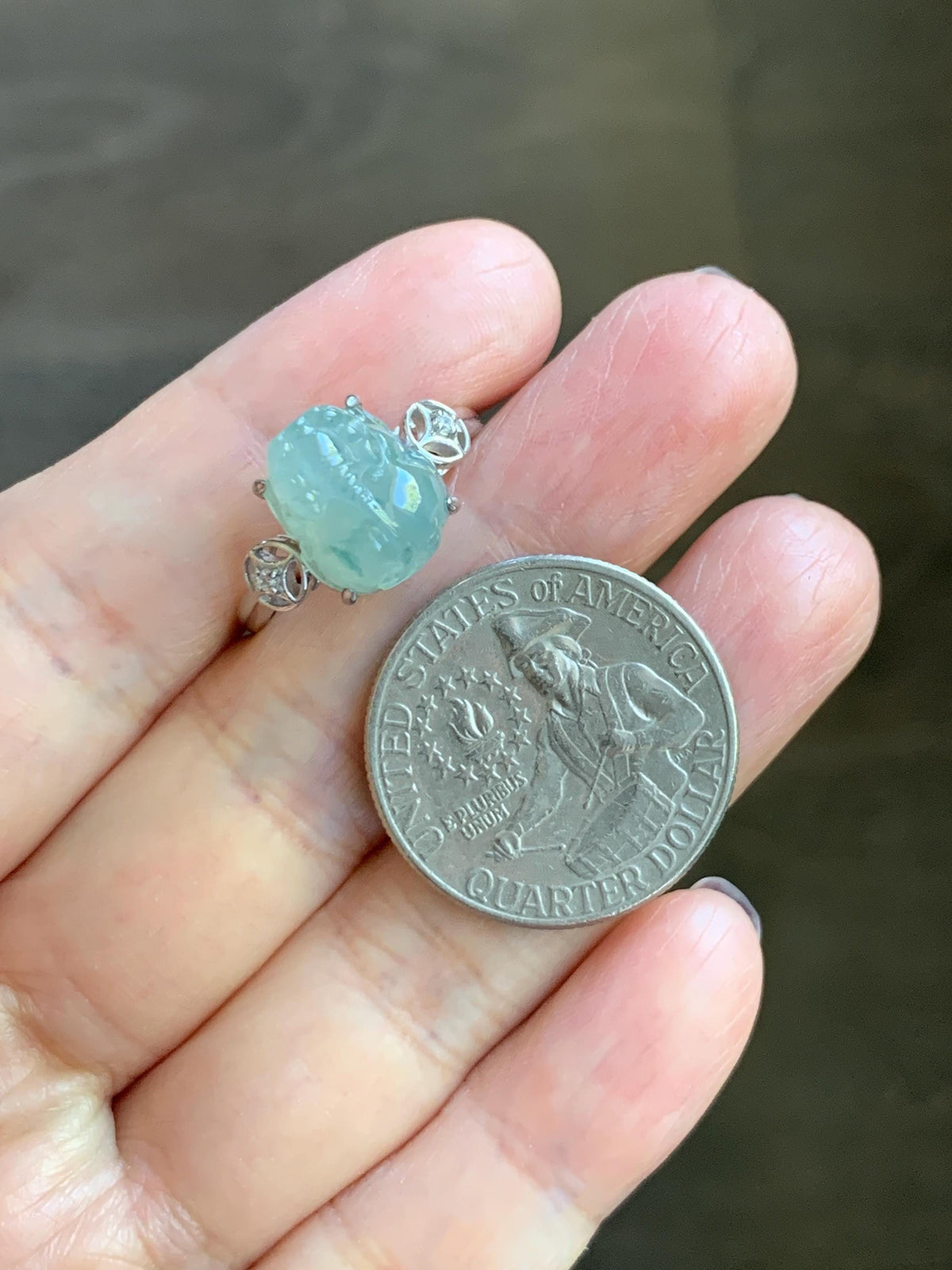 Certified Natural Grade A Icy Translucent Pale Green Marbled Jade Jadeite Pixiu Ring Sterling Silver size 7.25 US 4.15g 天然冰胶晴底飘花翡翠貔貅银镶戒指1033