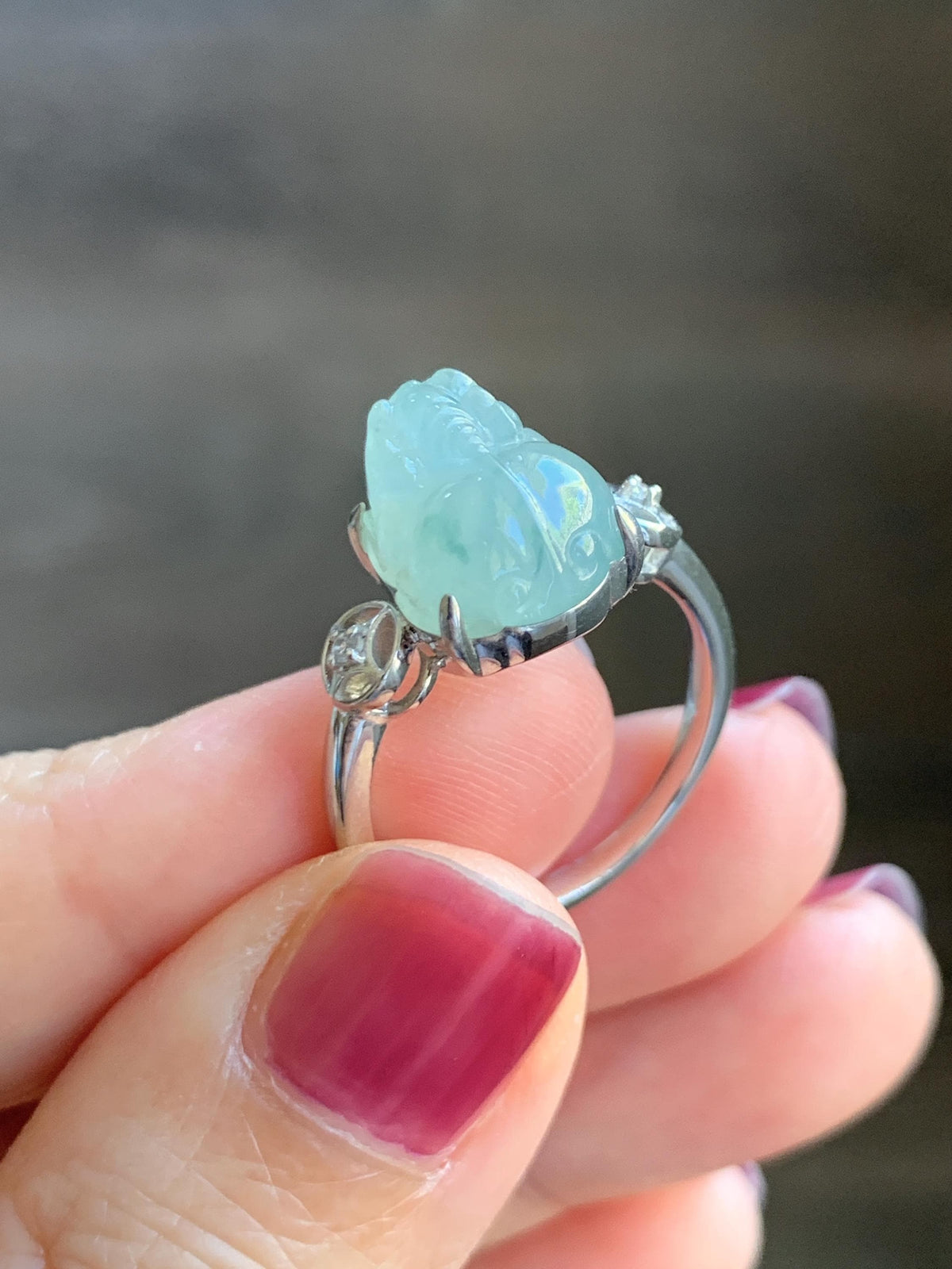 Certified Natural Grade A Icy Translucent Pale Green Marbled Jade Jadeite Pixiu Ring Sterling Silver size 7.25 US 4.15g 天然冰胶晴底飘花翡翠貔貅银镶戒指1033