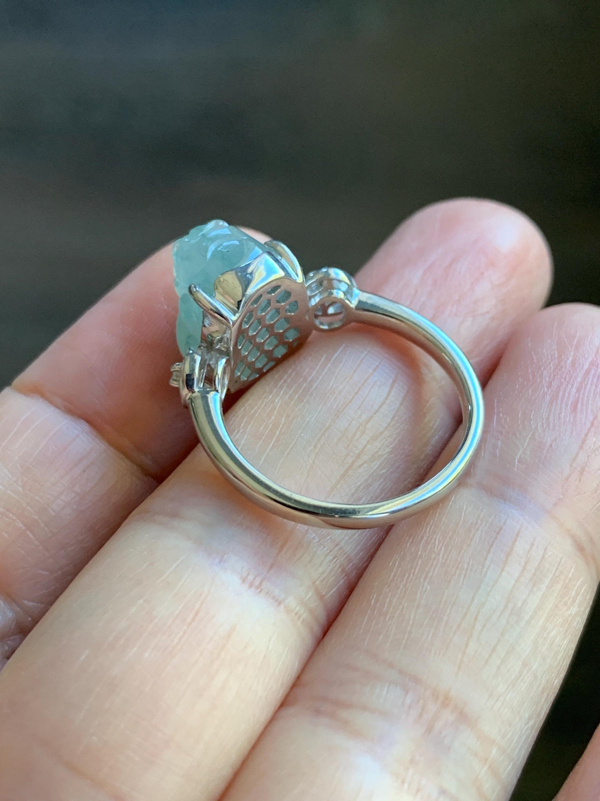 Certified Natural Grade A Icy Translucent Pale Green Marbled Jade Jadeite Pixiu Ring Sterling Silver size 7.25 US 4.15g 天然冰胶晴底飘花翡翠貔貅银镶戒指1033