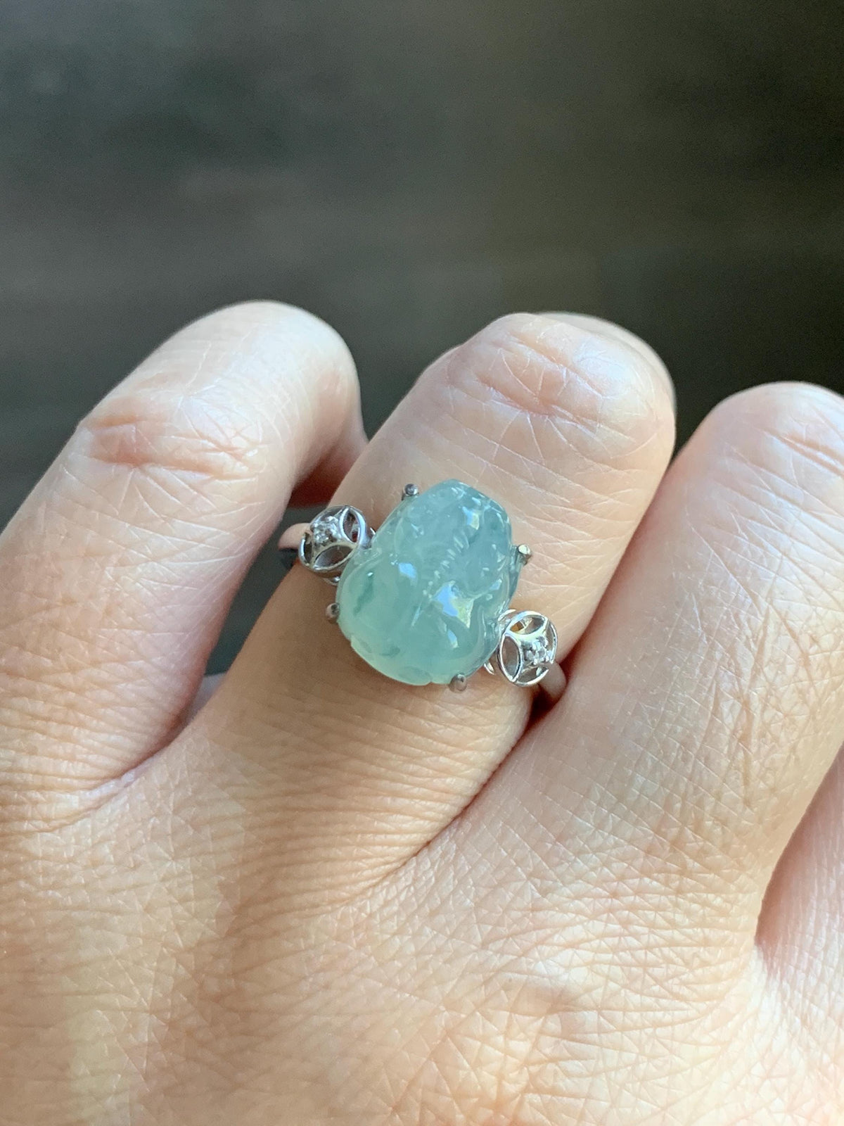 Certified Natural Grade A Icy Translucent Pale Green Marbled Jade Jadeite Pixiu Ring Sterling Silver size 7.25 US 4.15g 天然冰胶晴底飘花翡翠貔貅银镶戒指1033