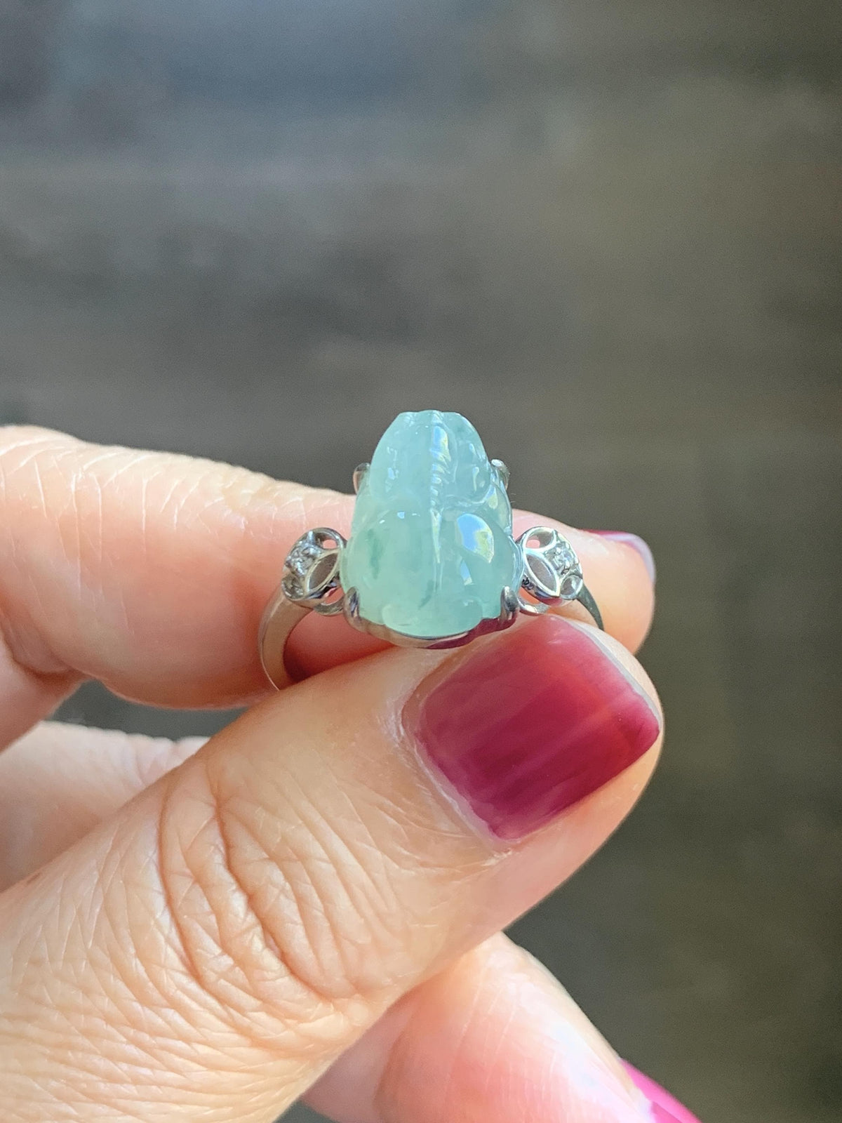 Certified Natural Grade A Icy Translucent Pale Green Marbled Jade Jadeite Pixiu Ring Sterling Silver size 7.25 US 4.15g 天然冰胶晴底飘花翡翠貔貅银镶戒指1033