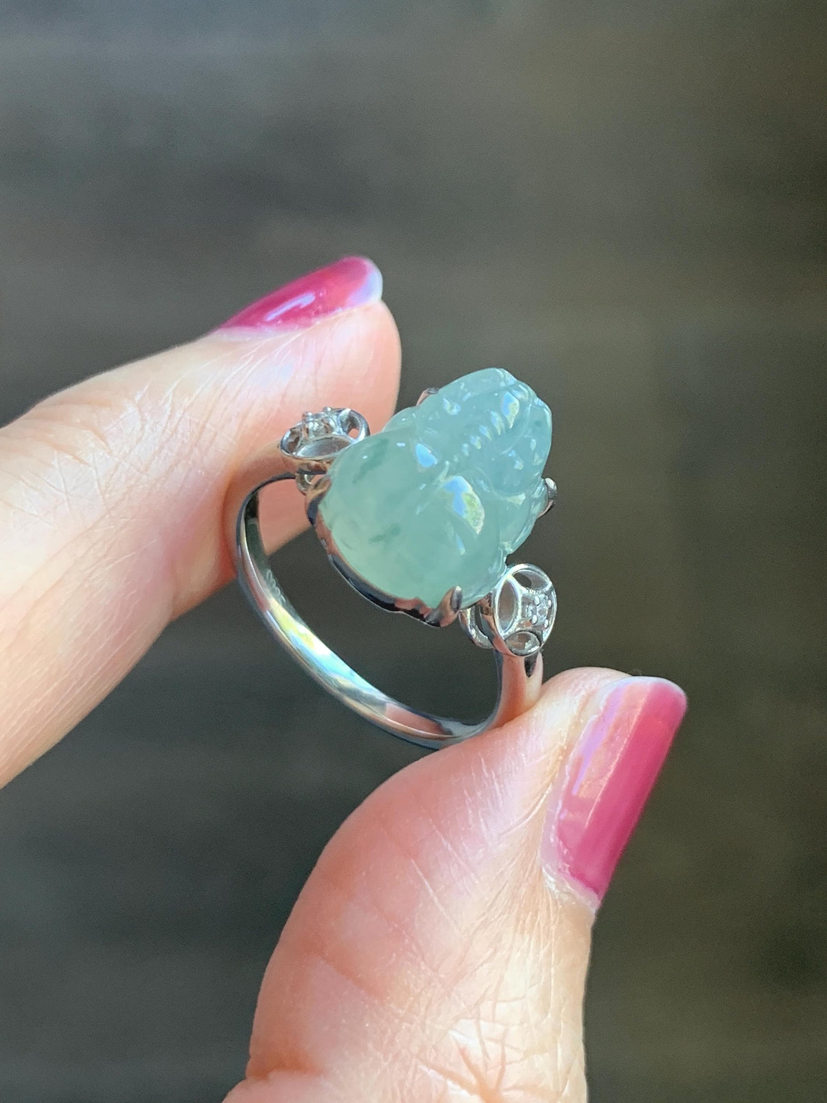 Certified Natural Grade A Icy Translucent Pale Green Marbled Jade Jadeite Pixiu Ring Sterling Silver size 7.25 US 4.15g 天然冰胶晴底飘花翡翠貔貅银镶戒指1033