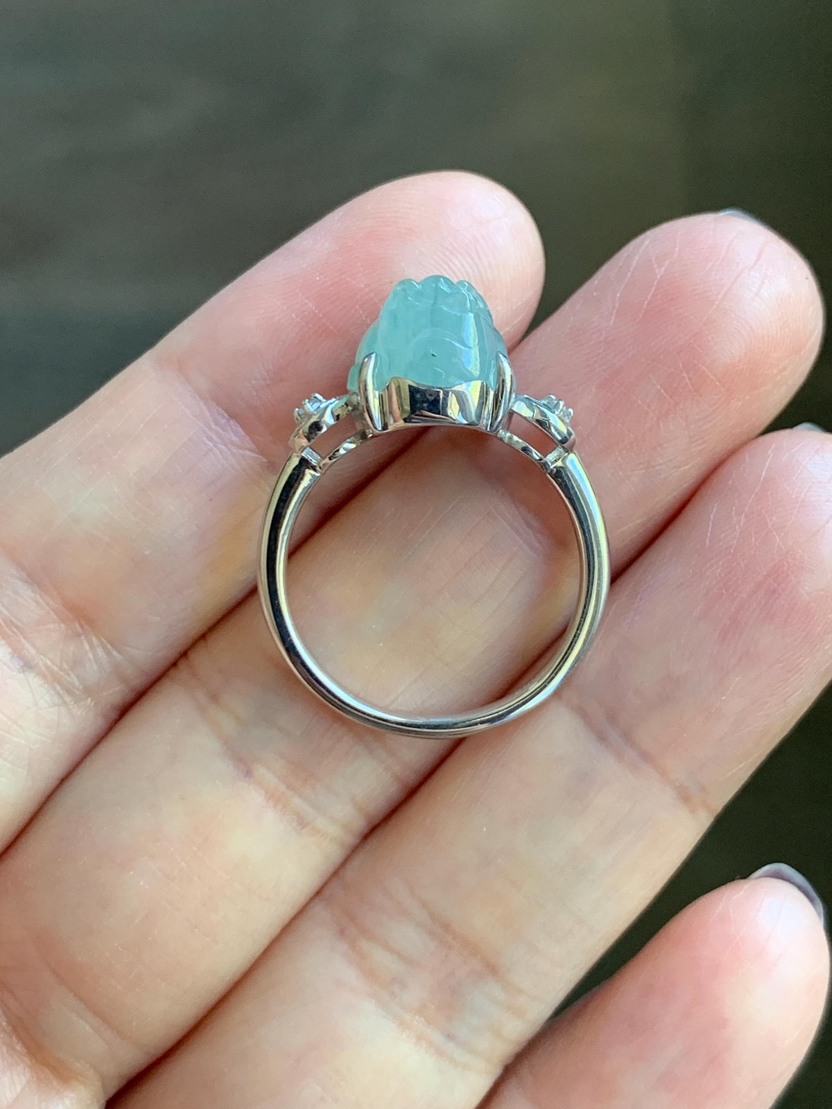Certified Natural Grade A Icy Translucent Pale Green Marbled Jade Jadeite Pixiu Ring Sterling Silver size 7.25 US 4.15g 天然冰胶晴底飘花翡翠貔貅银镶戒指1033