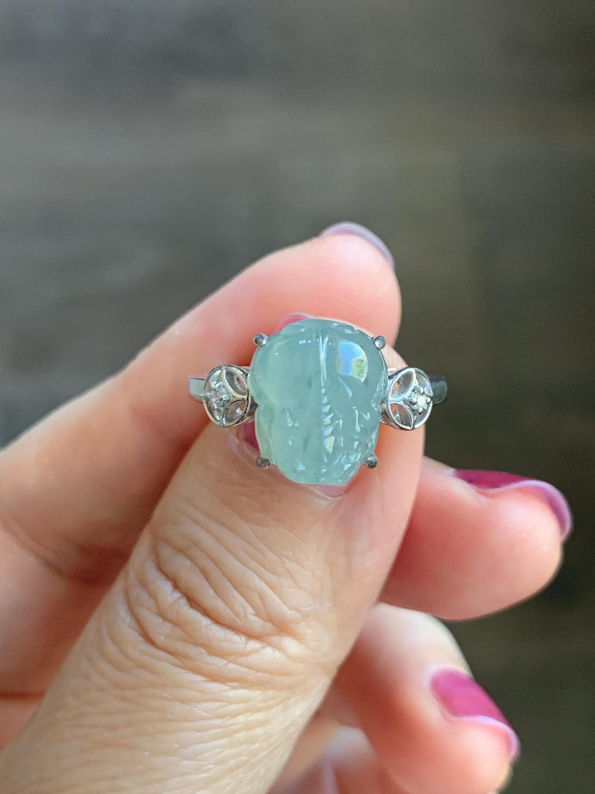 Certified Natural Grade A Icy Translucent Pale Green Marbled Jade Jadeite Pixiu Ring Sterling Silver size 7.25 US 4.15g 天然冰胶晴底飘花翡翠貔貅银镶戒指1033