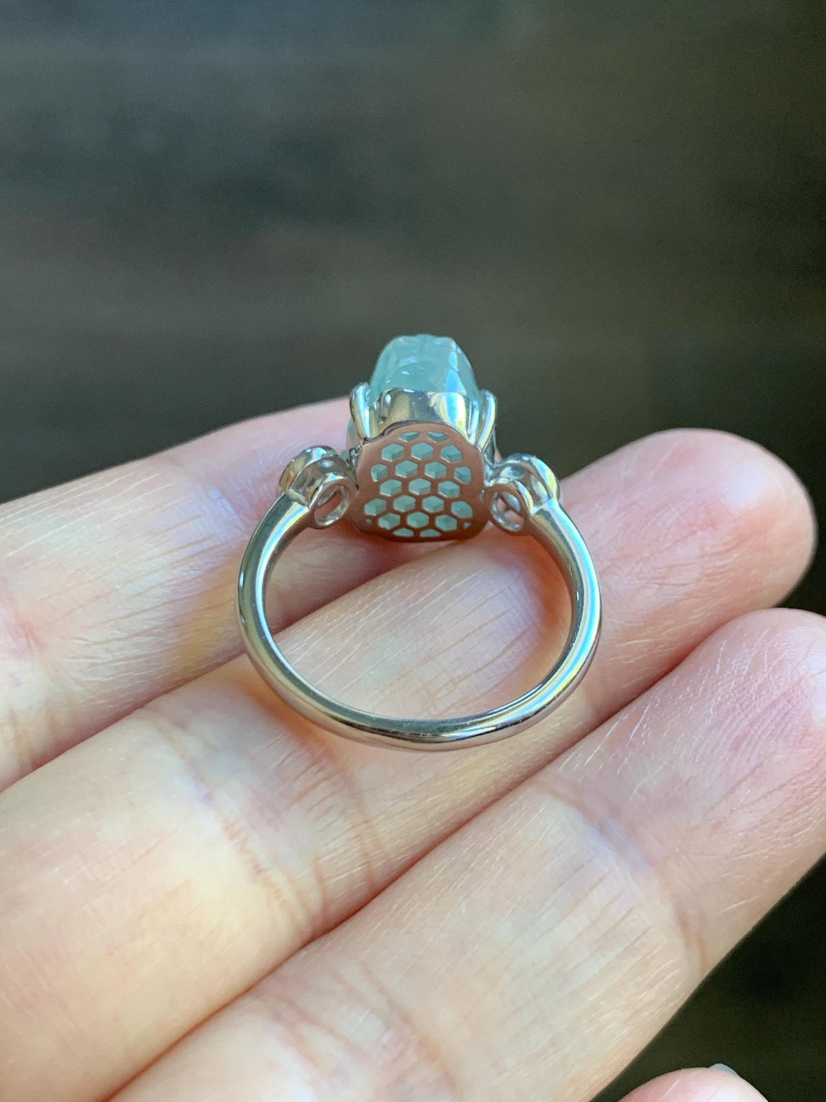 Certified Natural Grade A Icy Translucent Pale Green Marbled Jade Jadeite Pixiu Ring Sterling Silver size 7.25 US 4.15g 天然冰胶晴底飘花翡翠貔貅银镶戒指1033