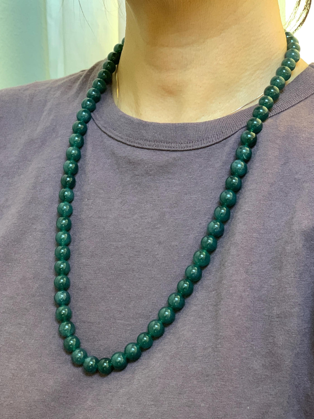 Natural Grade A Guatemalan Icy Translucent Dark Aegean Blue Jade Jadeite Beaded Necklace 9.8mm 26” 111g 天然冰危深牛仔蓝翡翠大卡圆珠项链 WNZ550A