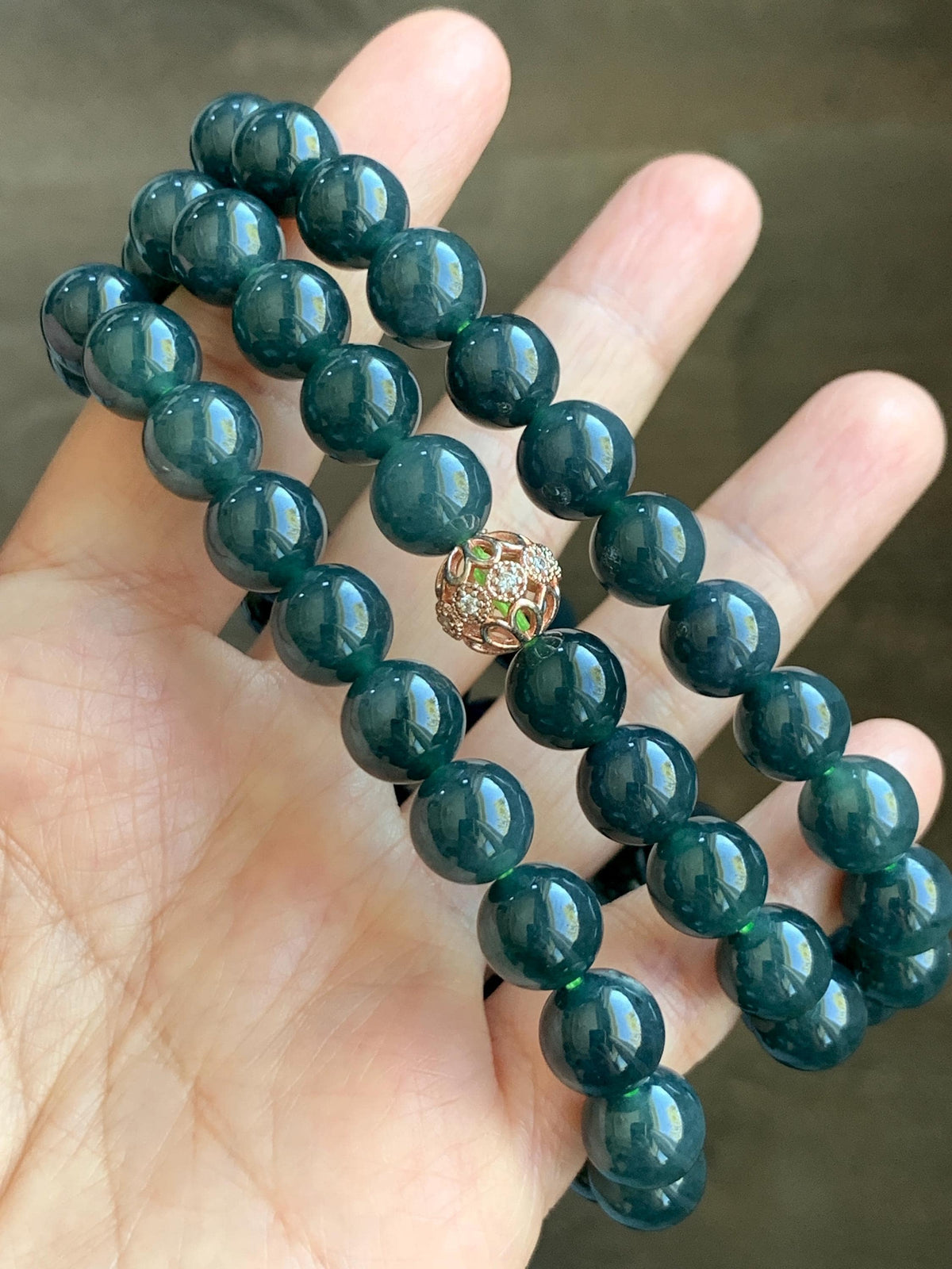 Natural Grade A Guatemalan Icy Translucent Dark Aegean Blue Jade Jadeite Beaded Necklace 9.8mm 26” 111g 天然冰危深牛仔蓝翡翠大卡圆珠项链 WNZ550A