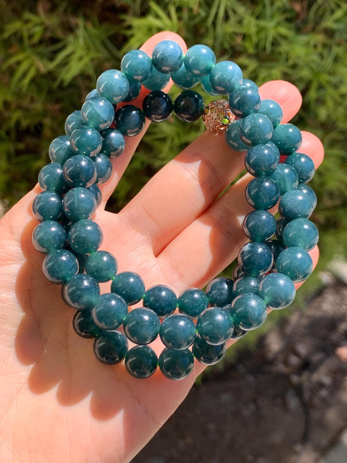 Natural Grade A Guatemalan Icy Translucent Dark Aegean Blue Jade Jadeite Beaded Necklace 9.8mm 26” 111g 天然冰危深牛仔蓝翡翠大卡圆珠项链 WNZ550A