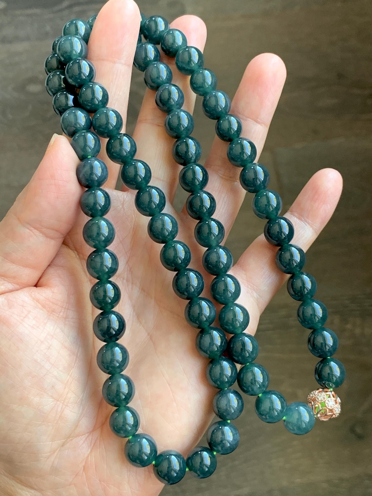 Natural Grade A Guatemalan Icy Translucent Dark Aegean Blue Jade Jadeite Beaded Necklace 9.8mm 26” 111g 天然冰危深牛仔蓝翡翠大卡圆珠项链 WNZ550A