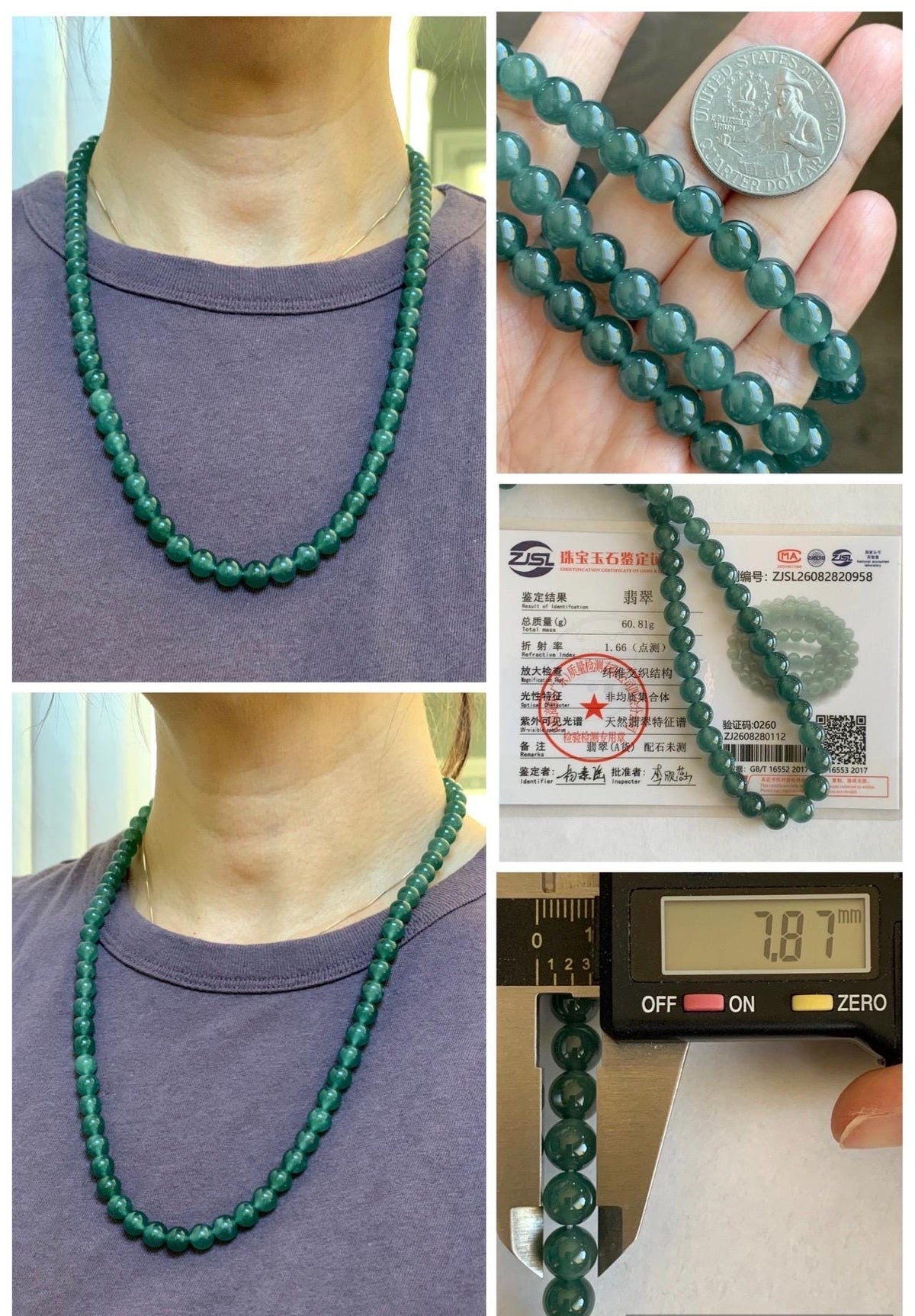 Certified Natural Grade A Guatemalan Icy Highly Translucent Dark Teal Green Jade Jadeite Beaded Necklace 7.6mm 22.75” 61g 天然冰胶危蓝绿翡翠圆珠项链 958