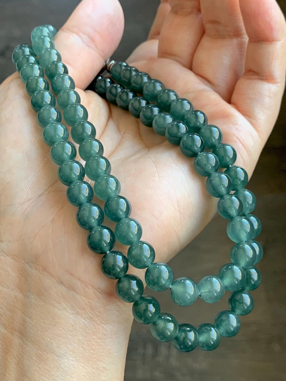 Certified Natural Grade A Guatemalan Icy Highly Translucent Dark Teal Green Jade Jadeite Beaded Necklace 7.6mm 22.75” 61g 天然冰胶危蓝绿翡翠圆珠项链 958