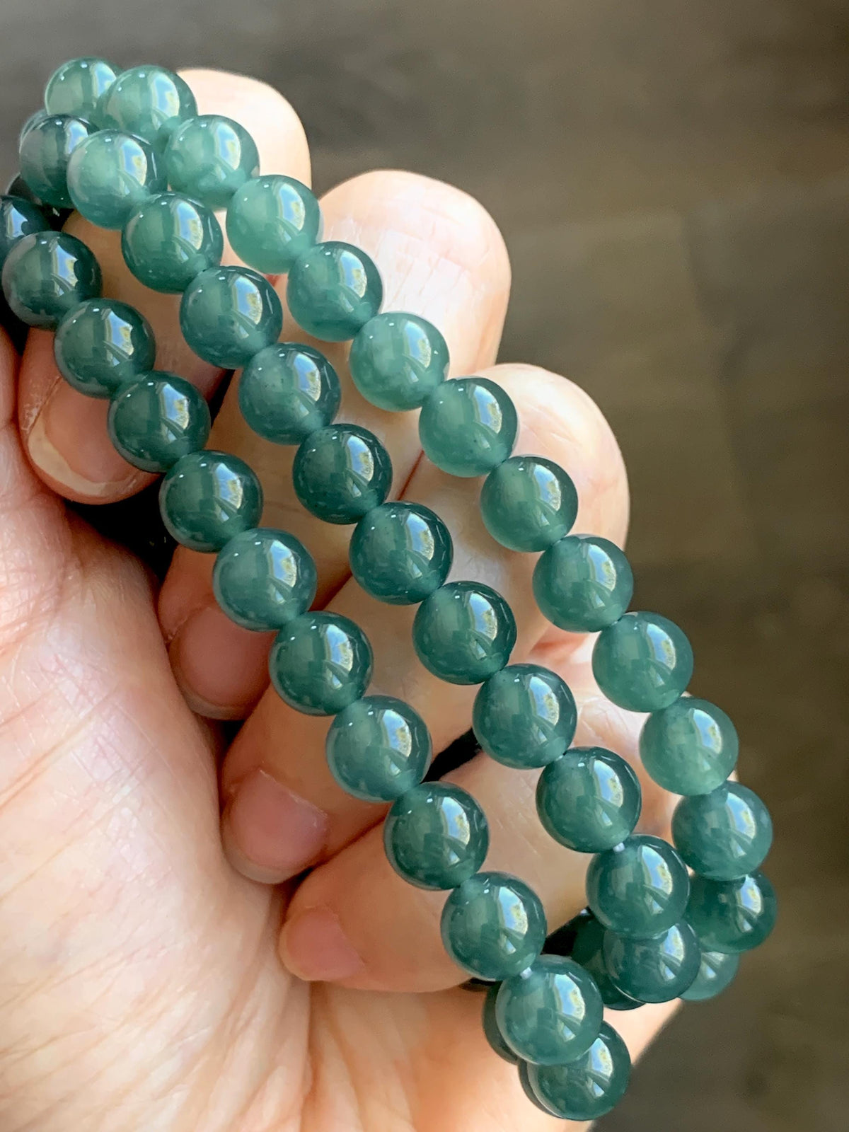 Certified Natural Grade A Guatemalan Icy Highly Translucent Dark Teal Green Jade Jadeite Beaded Necklace 7.6mm 22.75” 61g 天然冰胶危蓝绿翡翠圆珠项链 958