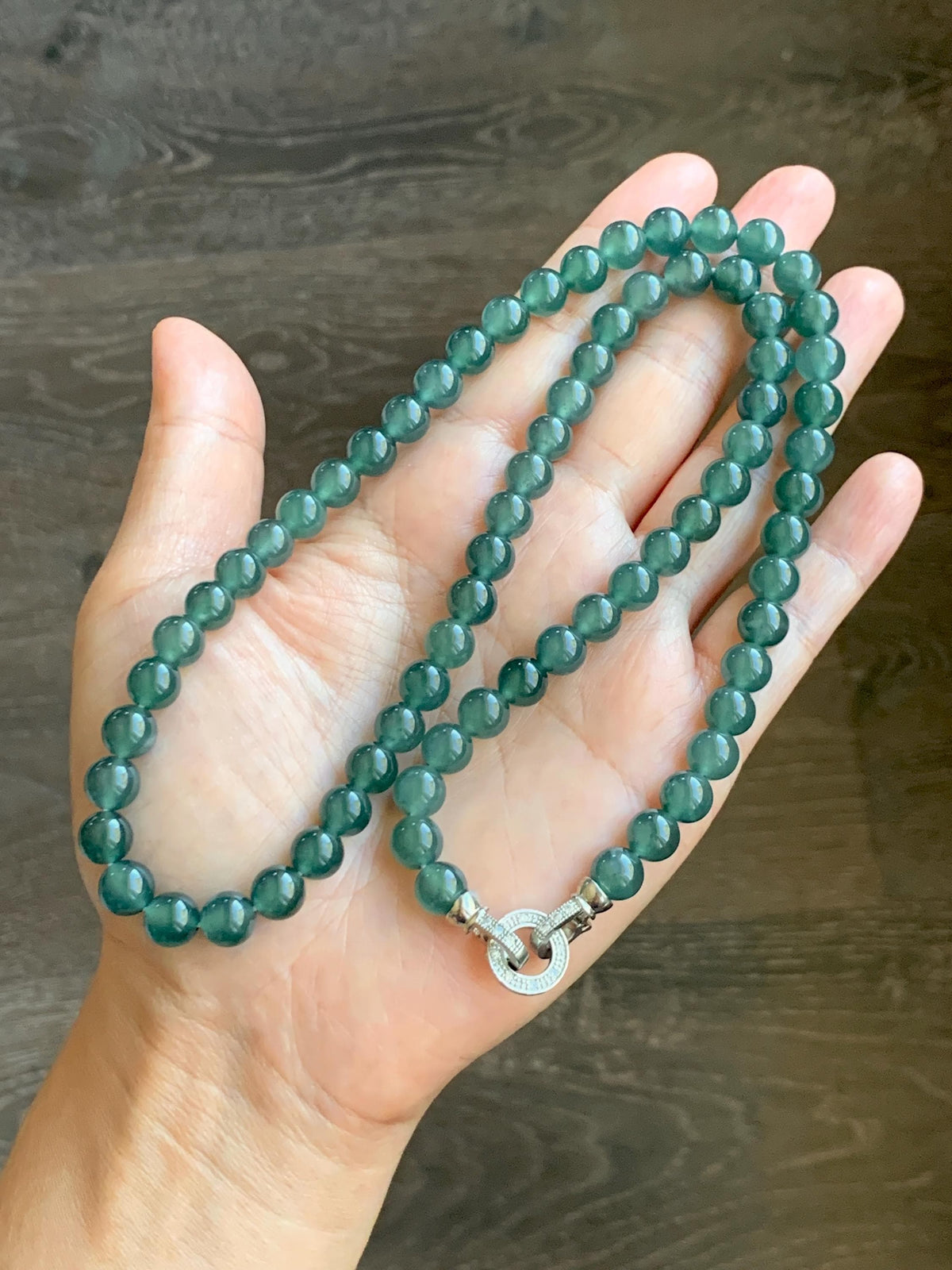 Certified Natural Grade A Guatemalan Icy Highly Translucent Dark Teal Green Jade Jadeite Beaded Necklace 7.6mm 22.75” 61g 天然冰胶危蓝绿翡翠圆珠项链 958