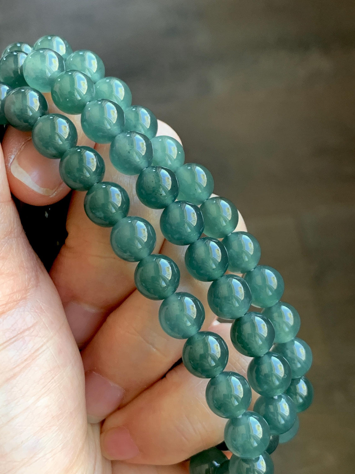 Certified Natural Grade A Guatemalan Icy Highly Translucent Dark Teal Green Jade Jadeite Beaded Necklace 7.6mm 22.75” 61g 天然冰胶危蓝绿翡翠圆珠项链 958