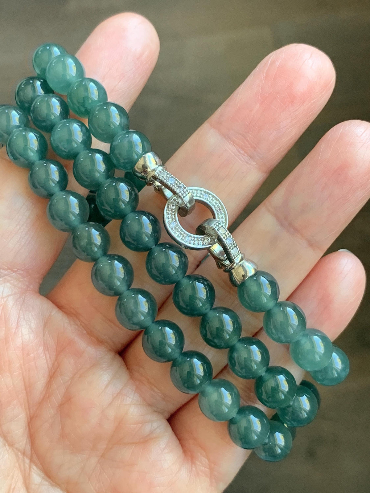 Certified Natural Grade A Guatemalan Icy Highly Translucent Dark Teal Green Jade Jadeite Beaded Necklace 7.6mm 22.75” 61g 天然冰胶危蓝绿翡翠圆珠项链 958