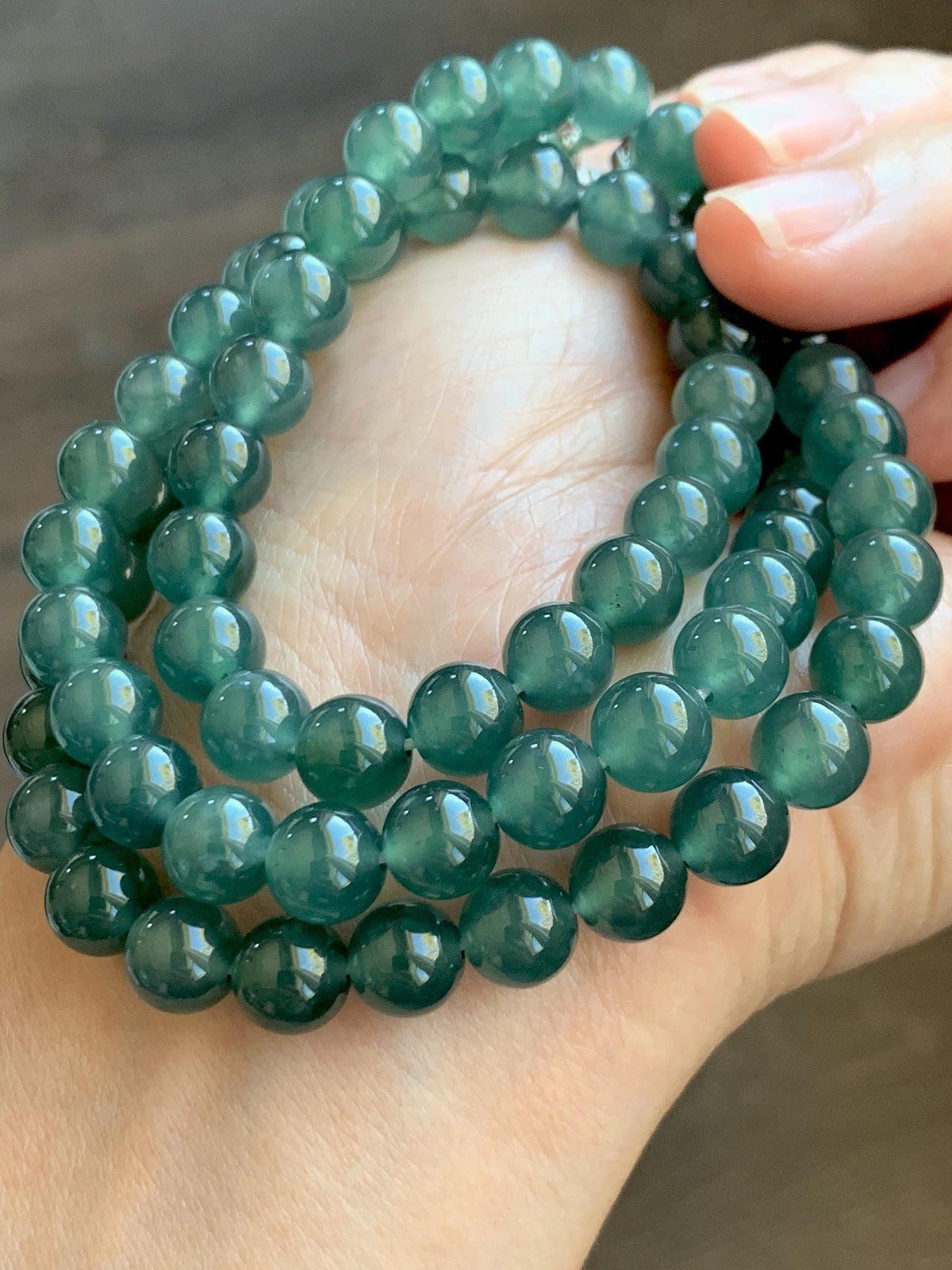 Certified Natural Grade A Guatemalan Icy Highly Translucent Dark Teal Green Jade Jadeite Beaded Necklace 7.6mm 22.75” 61g 天然冰胶危蓝绿翡翠圆珠项链 958
