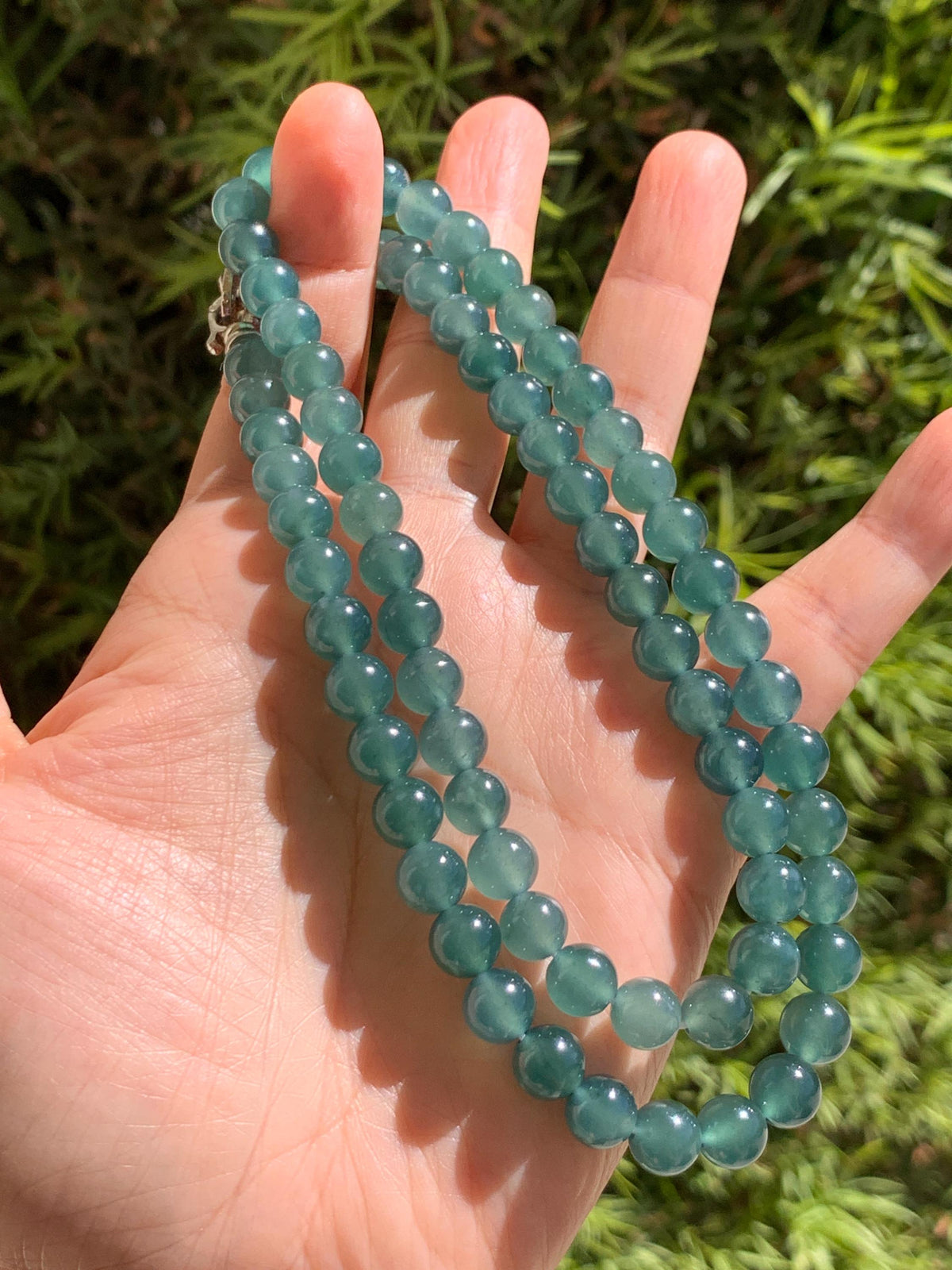 Certified Natural Grade A Guatemalan Icy Highly Translucent Dark Teal Green Jade Jadeite Beaded Necklace 7.6mm 22.75” 61g 天然冰胶危蓝绿翡翠圆珠项链 958
