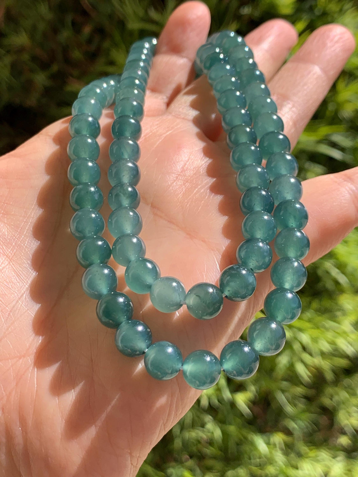 Certified Natural Grade A Guatemalan Icy Highly Translucent Dark Teal Green Jade Jadeite Beaded Necklace 7.6mm 22.75” 61g 天然冰胶危蓝绿翡翠圆珠项链 958