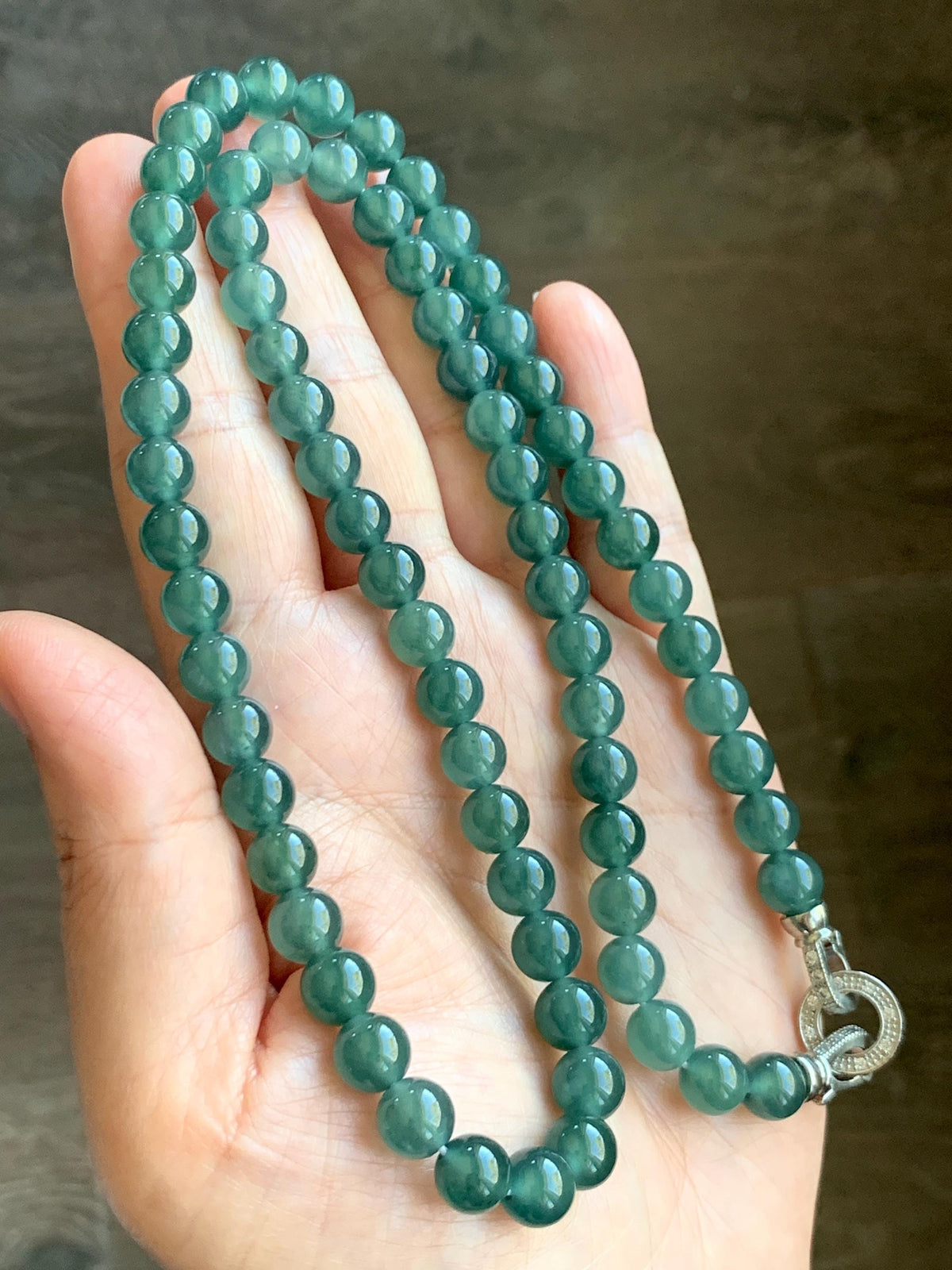 Certified Natural Grade A Guatemalan Icy Highly Translucent Dark Teal Green Jade Jadeite Beaded Necklace 7.6mm 22.75” 61g 天然冰胶危蓝绿翡翠圆珠项链 958