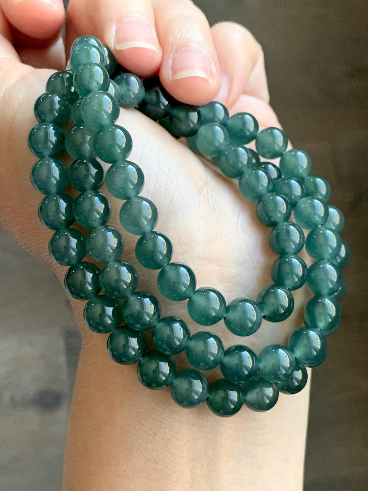 Certified Natural Grade A Guatemalan Icy Highly Translucent Dark Teal Green Jade Jadeite Beaded Necklace 7.6mm 22.75” 61g 天然冰胶危蓝绿翡翠圆珠项链 958